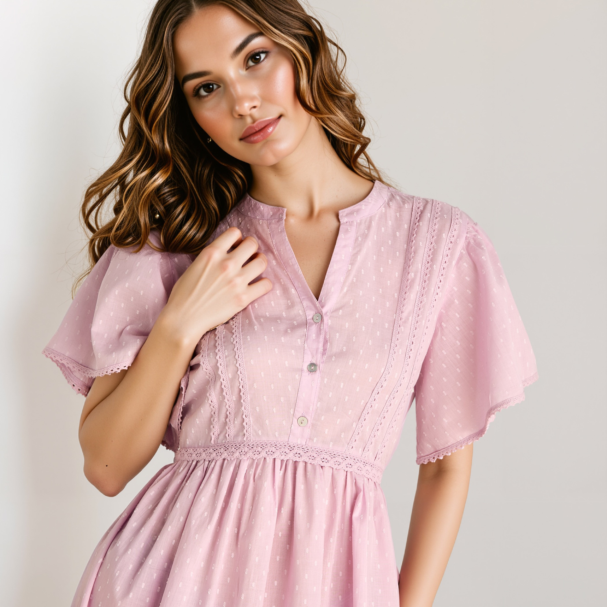 Textured Dobby Viscose Night Gown with Tie-Up Belt and Flutter Sleeves-women-clothing-nightwear-nighties-image-4