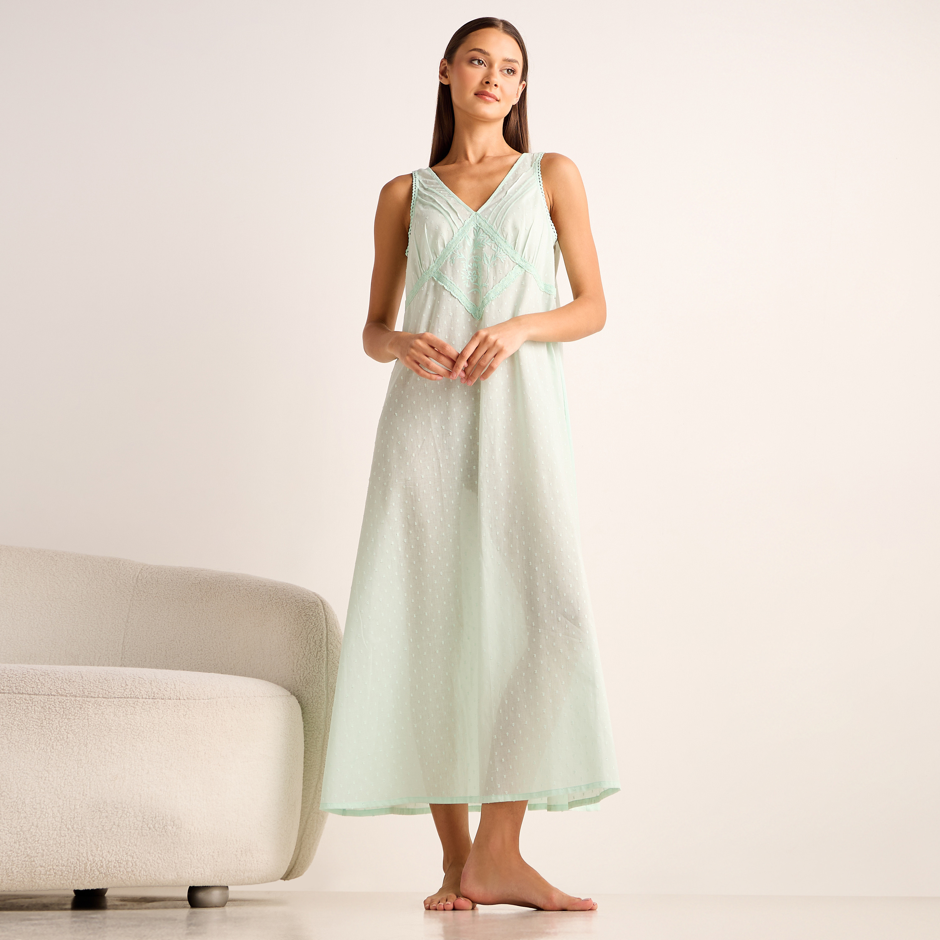 Dobby Embroidered V-neck Sleeveless Viscose Night Dress-women-clothing-nightwear-nighties-image-2