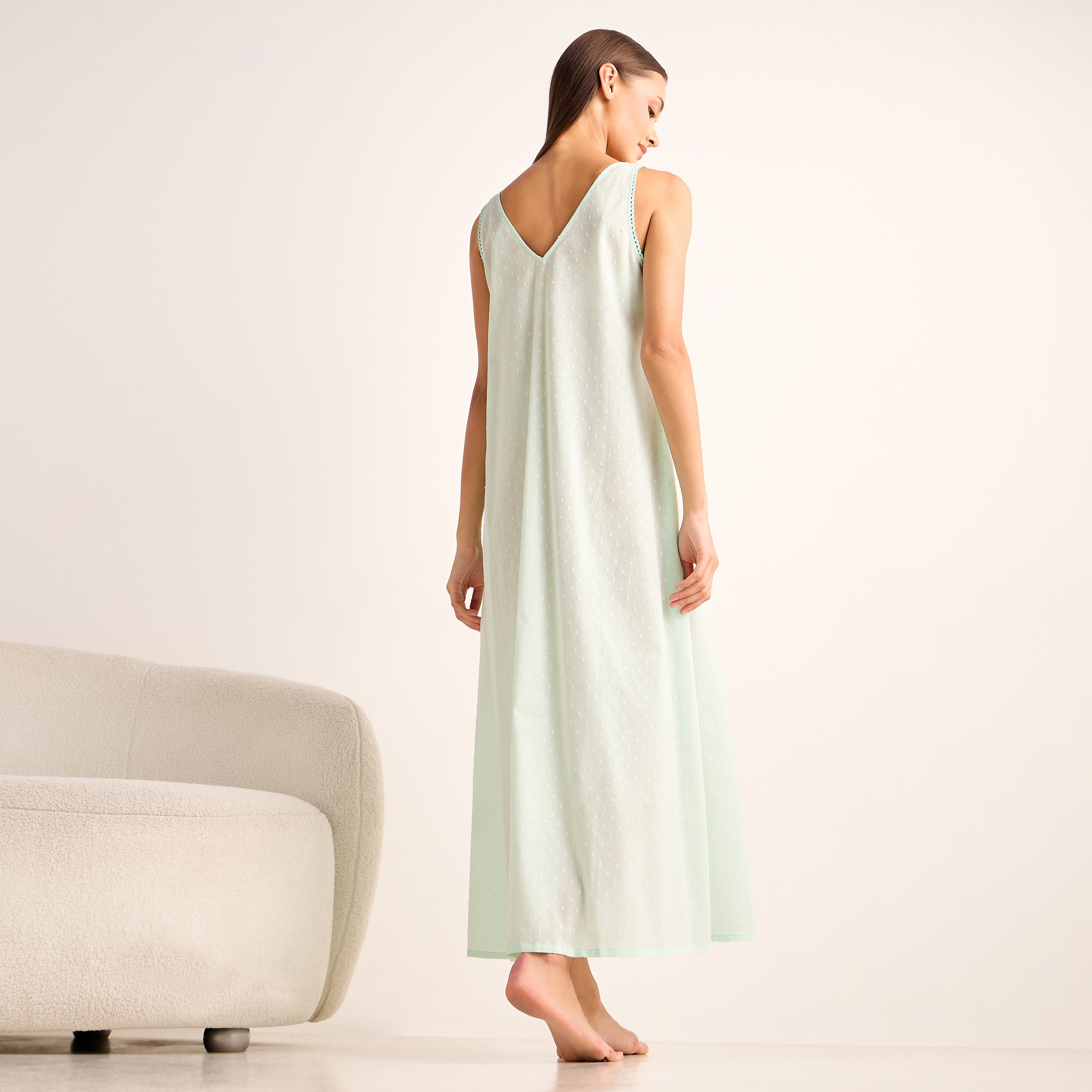 Dobby Embroidered V-neck Sleeveless Viscose Night Dress-women-clothing-nightwear-nighties-image-3