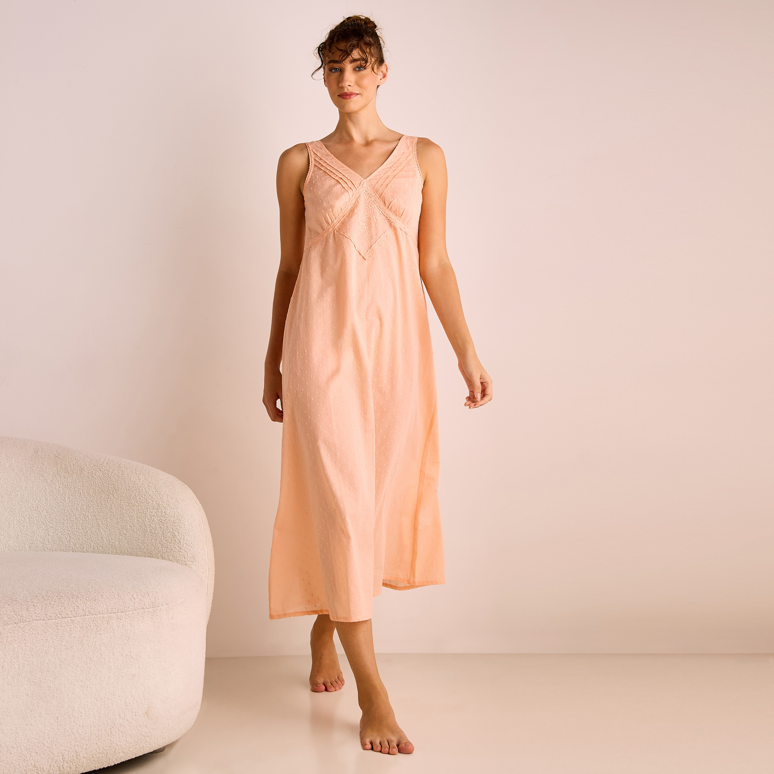 Dobby Embroidered V-neck Sleeveless Viscose Night Dress-women-clothing-nightwear-nighties-image-2