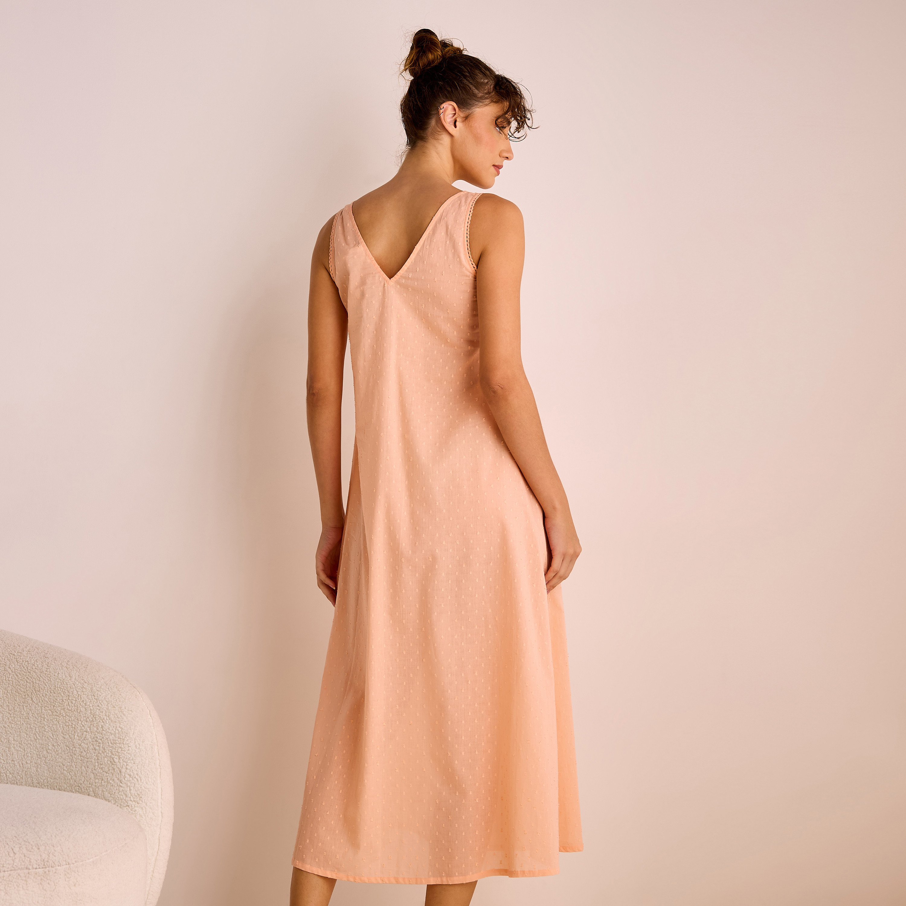 Dobby Embroidered V-neck Sleeveless Viscose Night Dress-women-clothing-nightwear-nighties-image-3