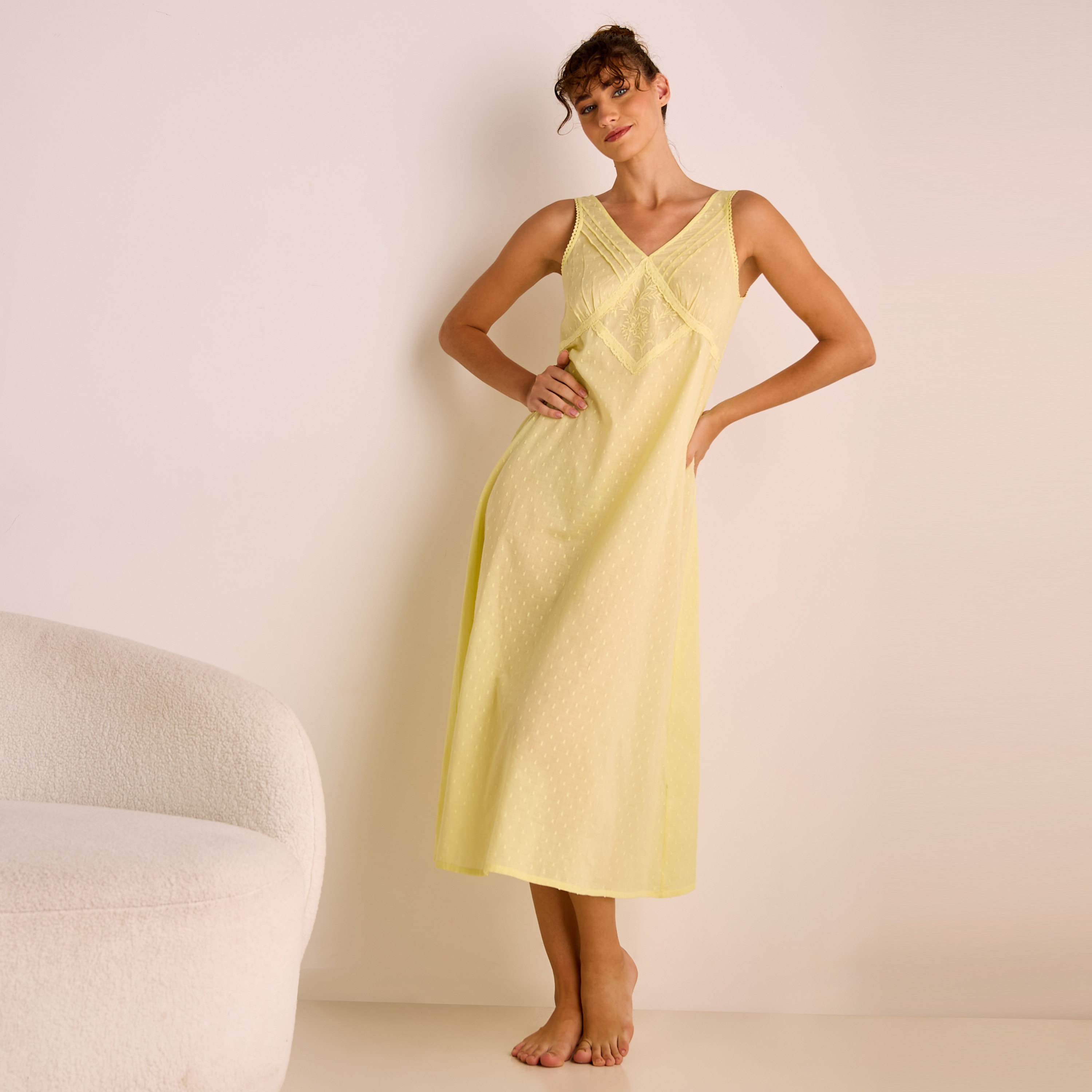 Dobby Embroidered V-neck Sleeveless Viscose Night Dress-women-clothing-nightwear-nighties-image-2