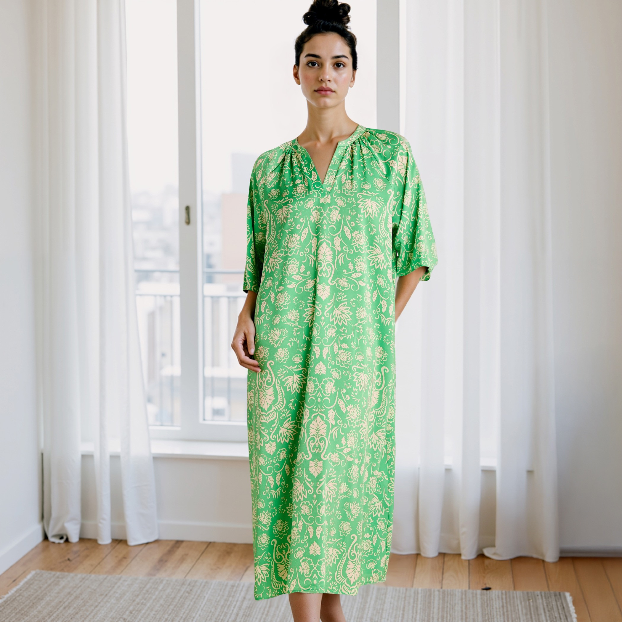 Printed Satin Night Dress with Collar and 3/4 Sleeves-women-clothing-nightwear-nighties-image-1