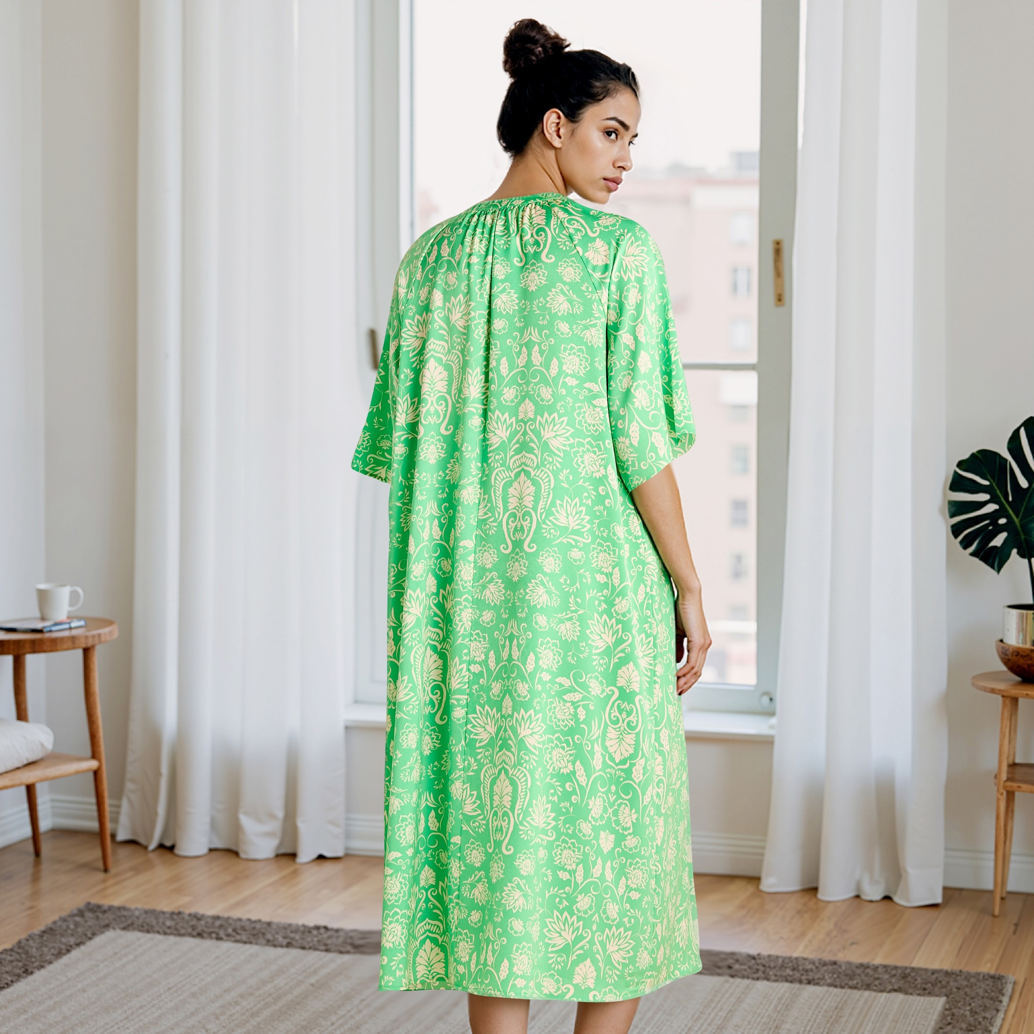 Printed Satin Night Dress with Collar and 3/4 Sleeves-women-clothing-nightwear-nighties-image-3