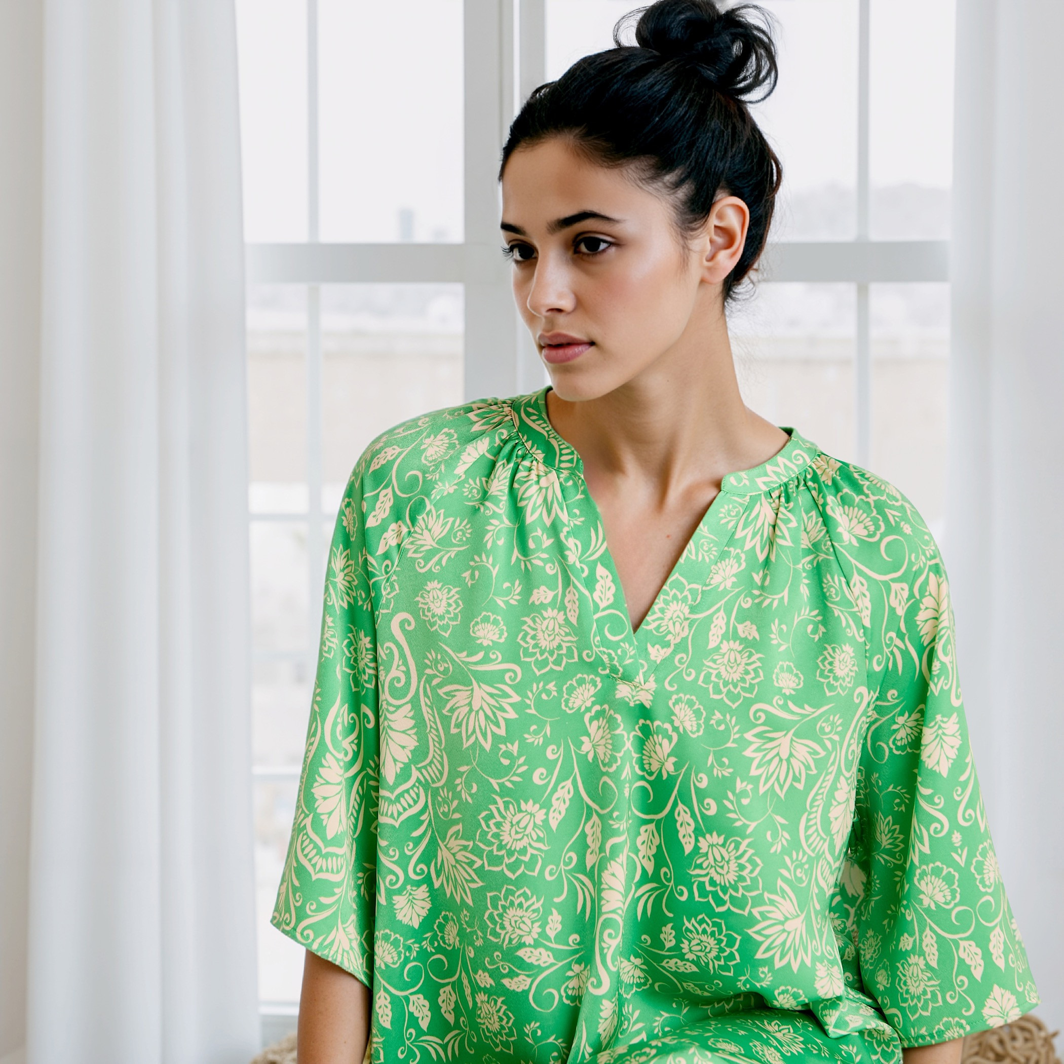 Printed Satin Night Dress with Collar and 3/4 Sleeves-women-clothing-nightwear-nighties-image-4