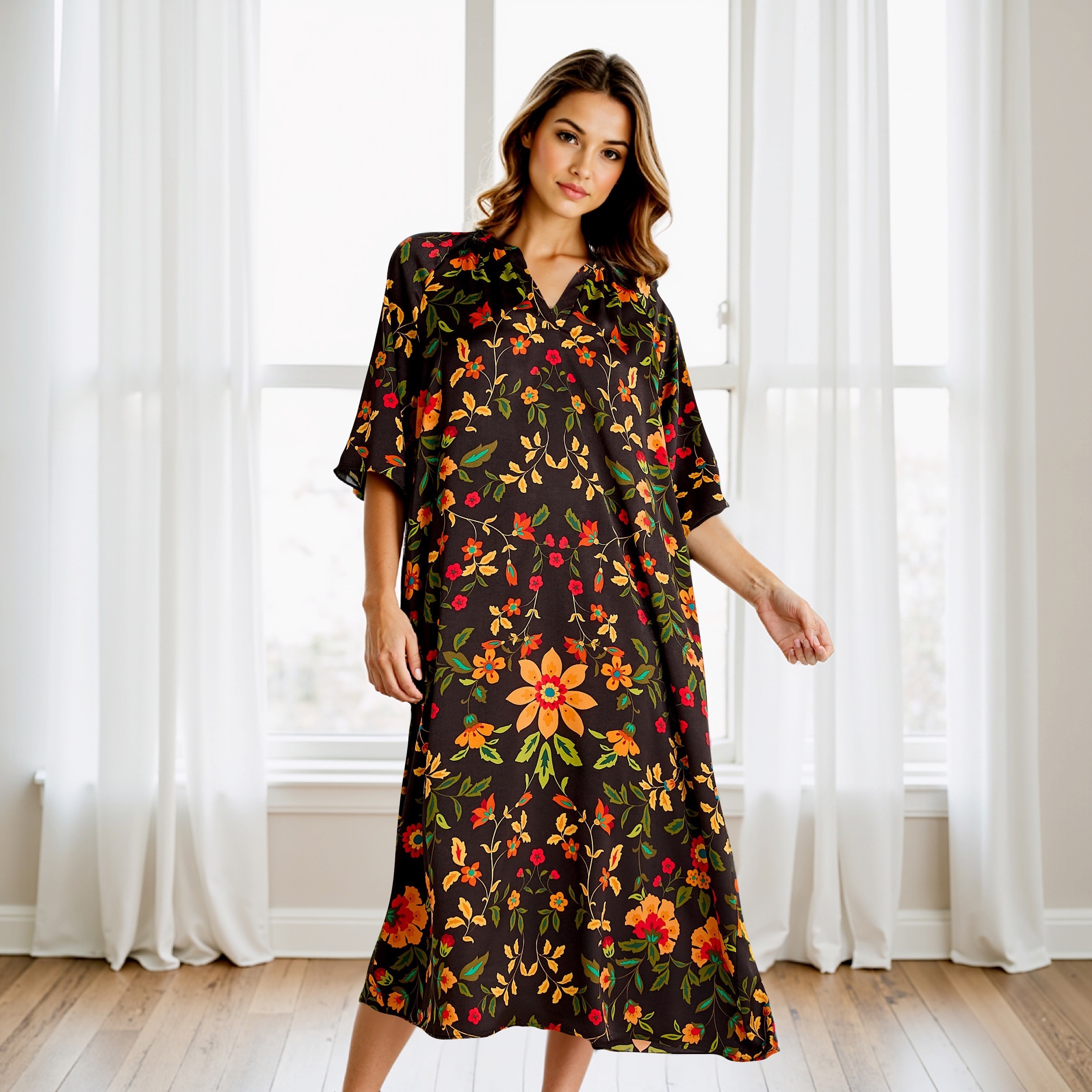 Printed Satin Night Dress with Collar and 3/4 Sleeves-women-clothing-nightwear-nighties-image-1