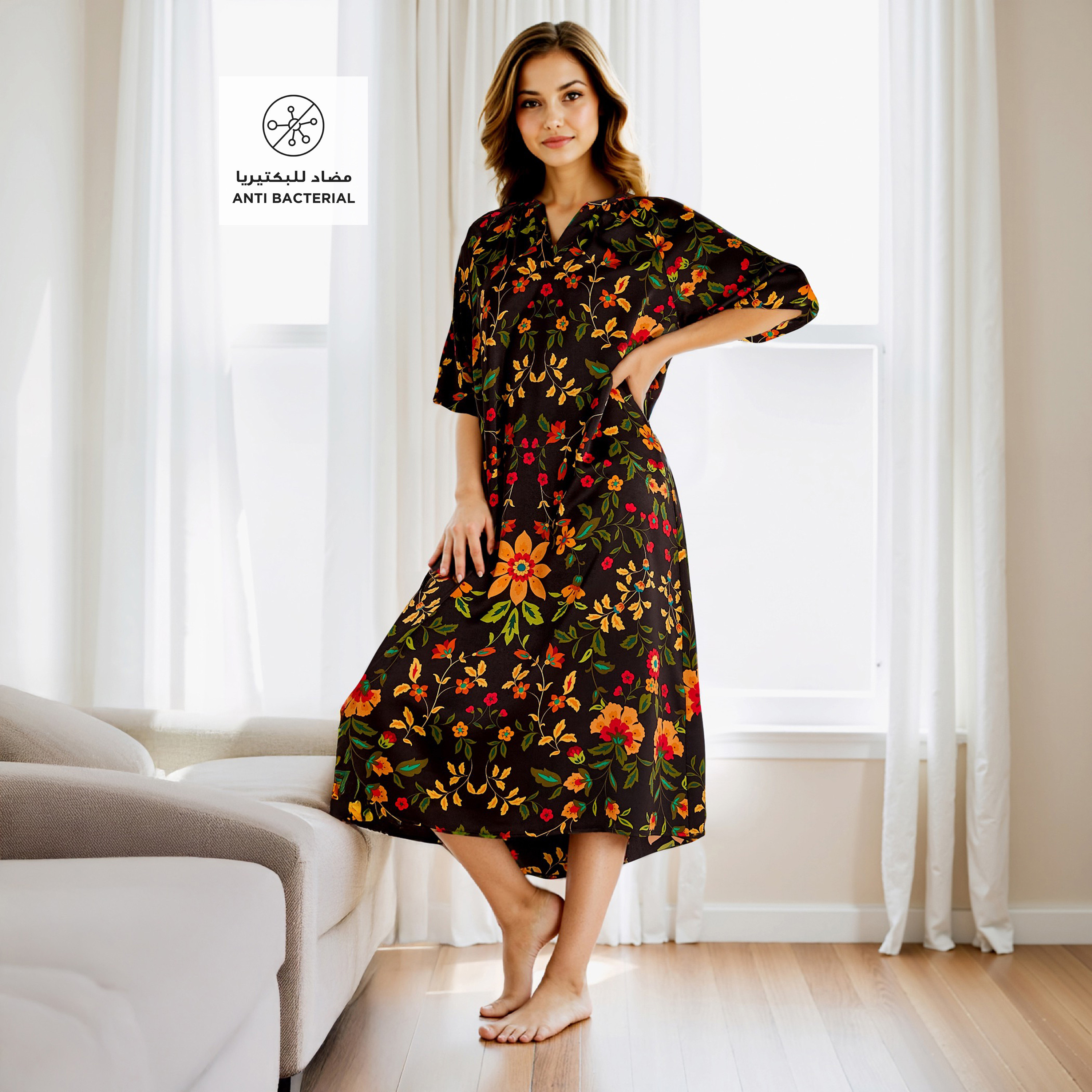 Printed Satin Night Dress with Collar and 3/4 Sleeves-women-clothing-nightwear-nighties-image-2