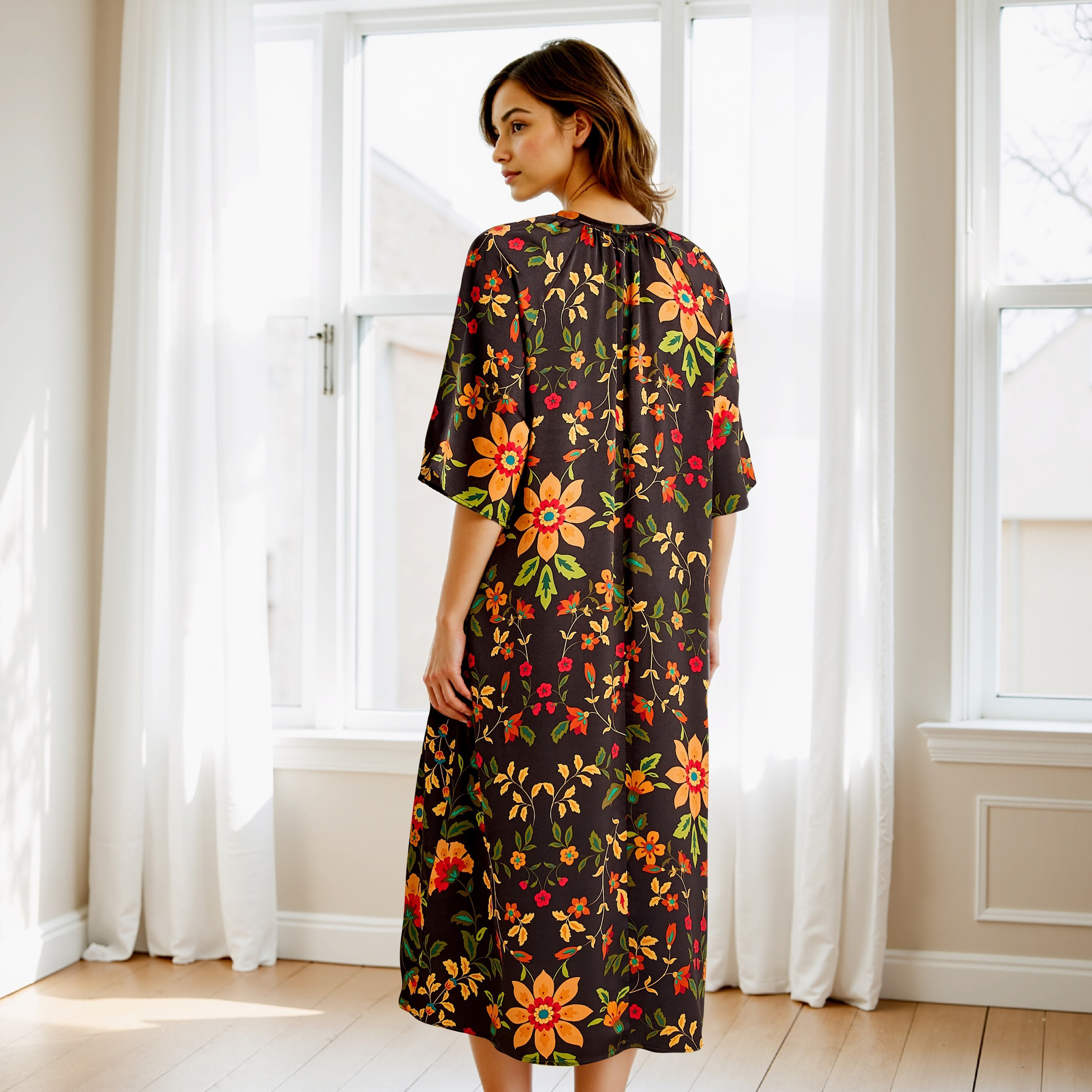 Printed Satin Night Dress with Collar and 3/4 Sleeves-women-clothing-nightwear-nighties-image-3