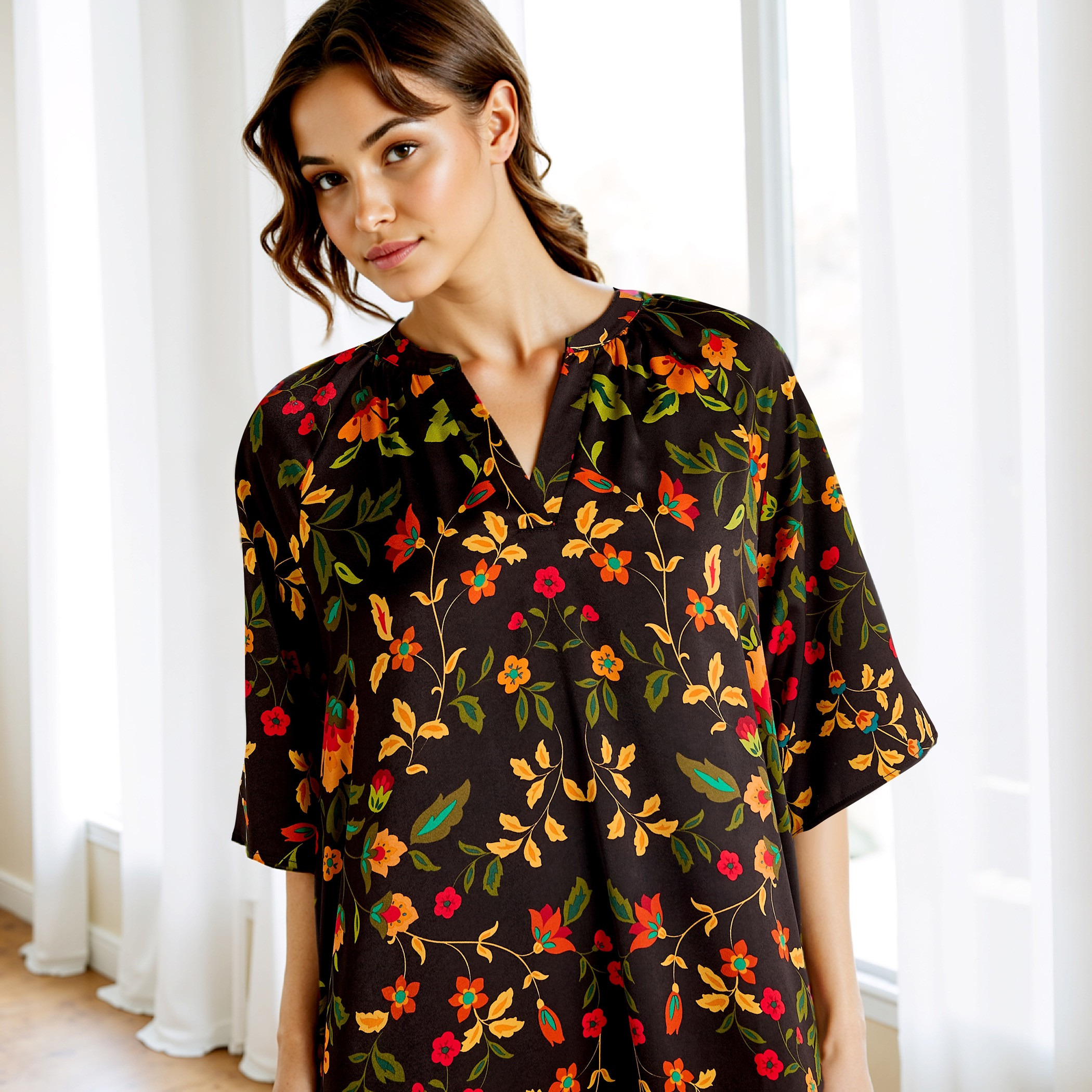Printed Satin Night Dress with Collar and 3/4 Sleeves-women-clothing-nightwear-nighties-image-4