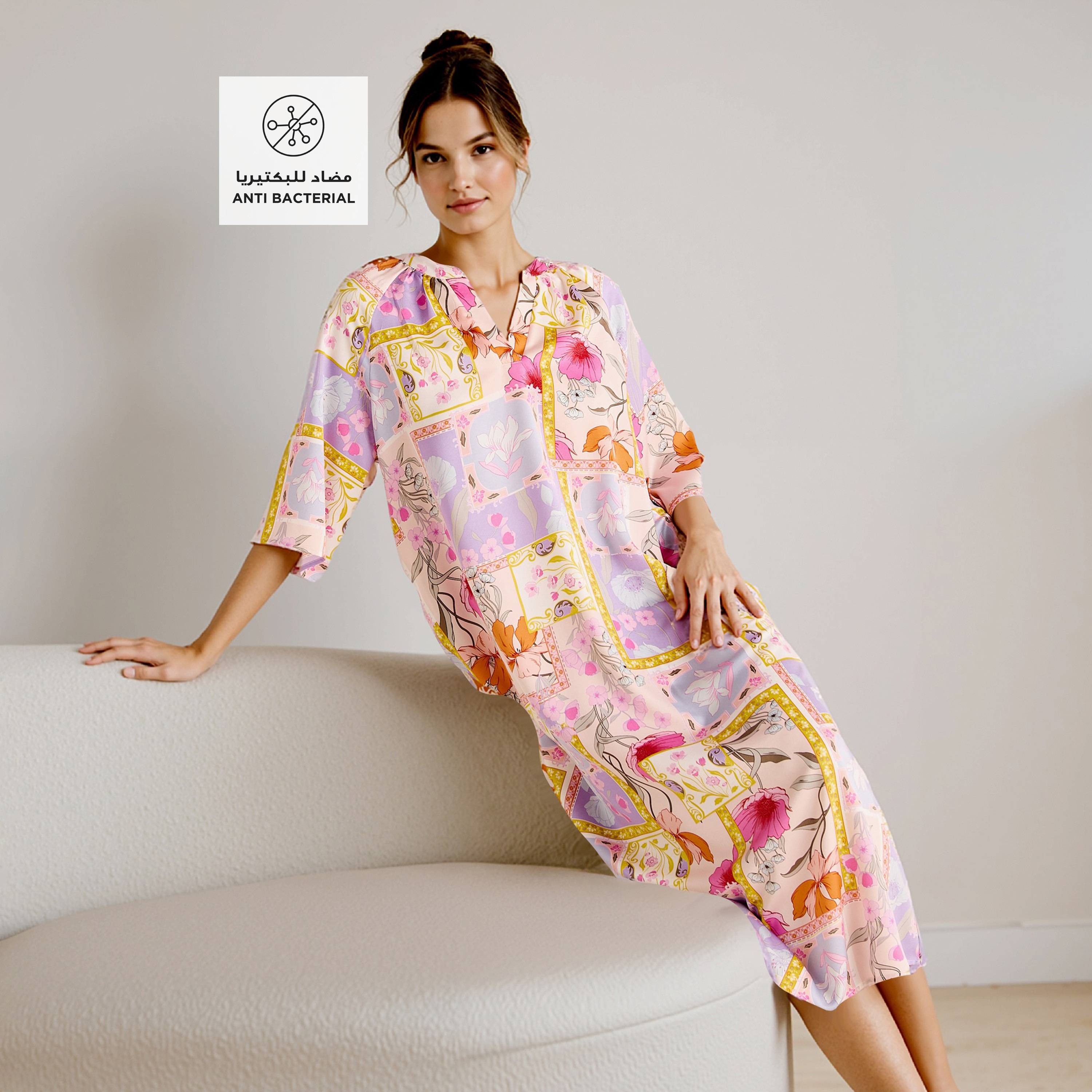 Printed Satin Night Dress with Collar and 3/4 Sleeves-women-clothing-nightwear-nighties-image-2