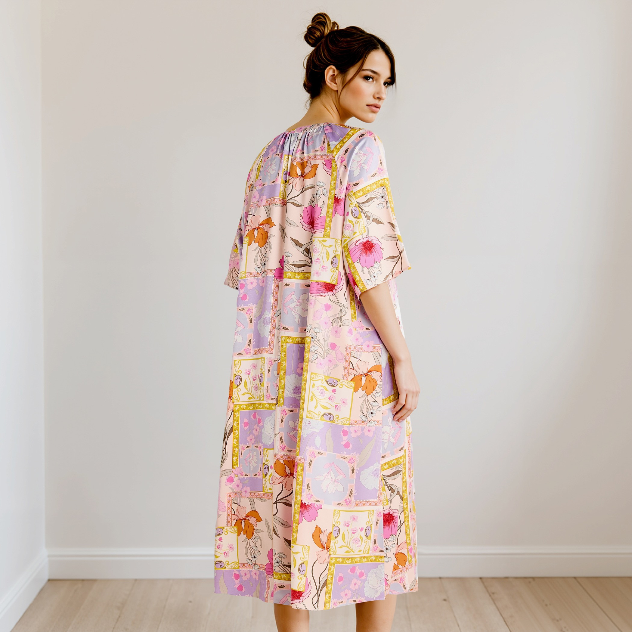 Printed Satin Night Dress with Collar and 3/4 Sleeves-women-clothing-nightwear-nighties-image-3