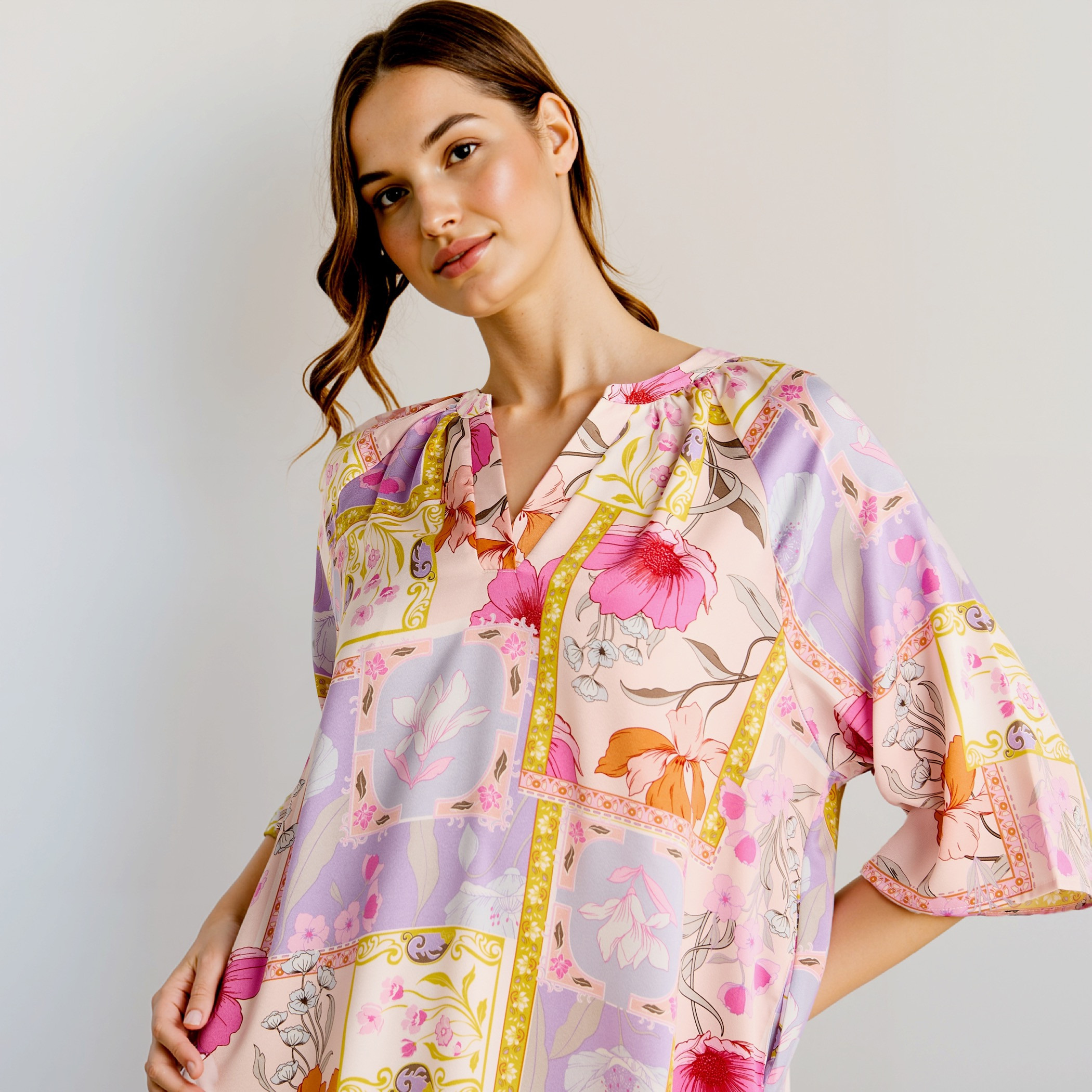Printed Satin Night Dress with Collar and 3/4 Sleeves-women-clothing-nightwear-nighties-image-4