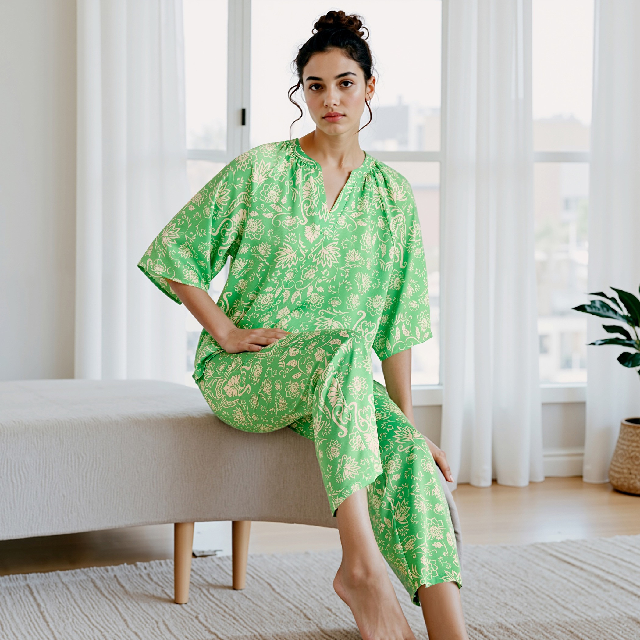 Floral Print Satin Top and Pyjama Set-women-clothing-nightwear-pyjamas-longsets-image-1