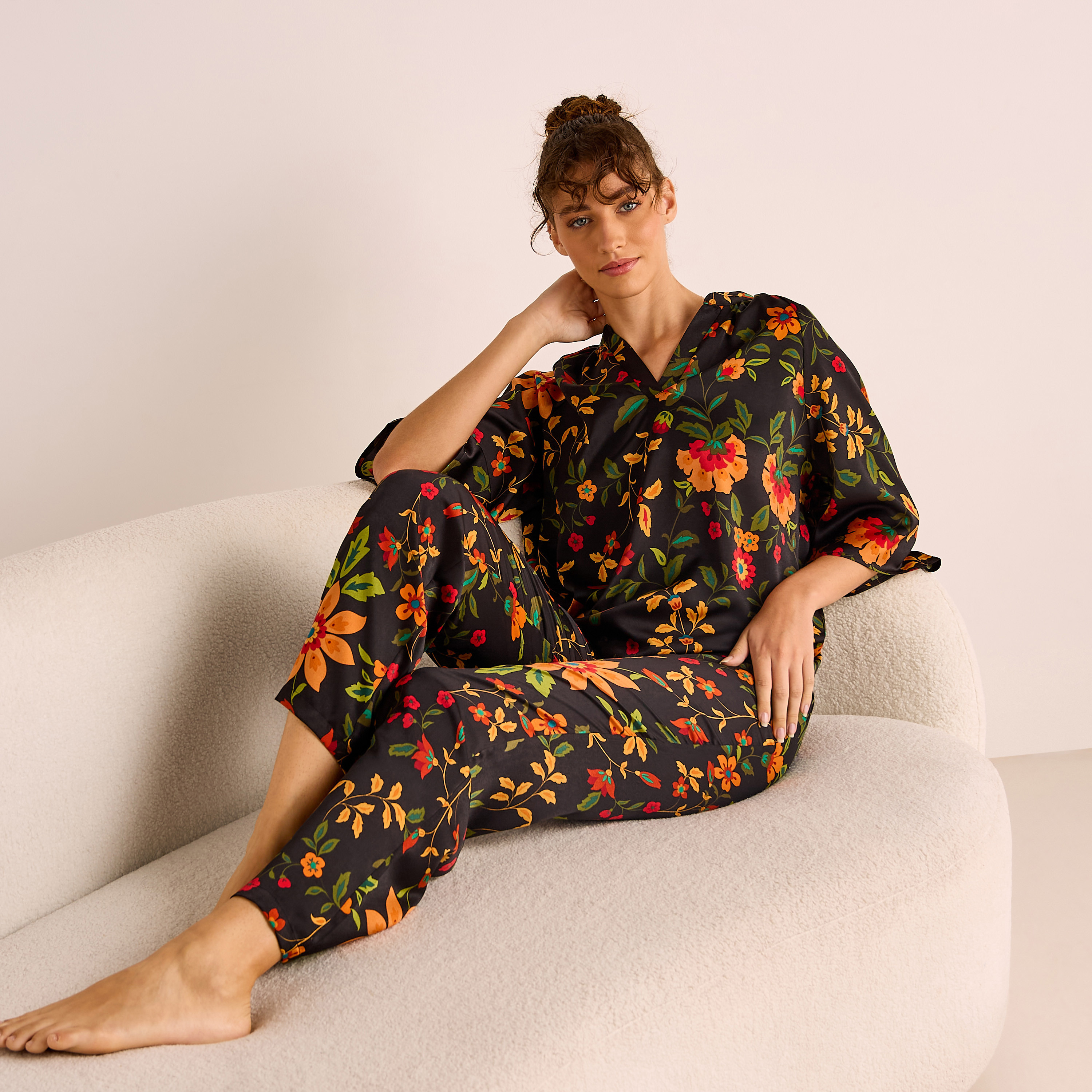 Floral Print Satin Top and Pyjama Set-women-clothing-nightwear-pyjamas-longsets-image-1