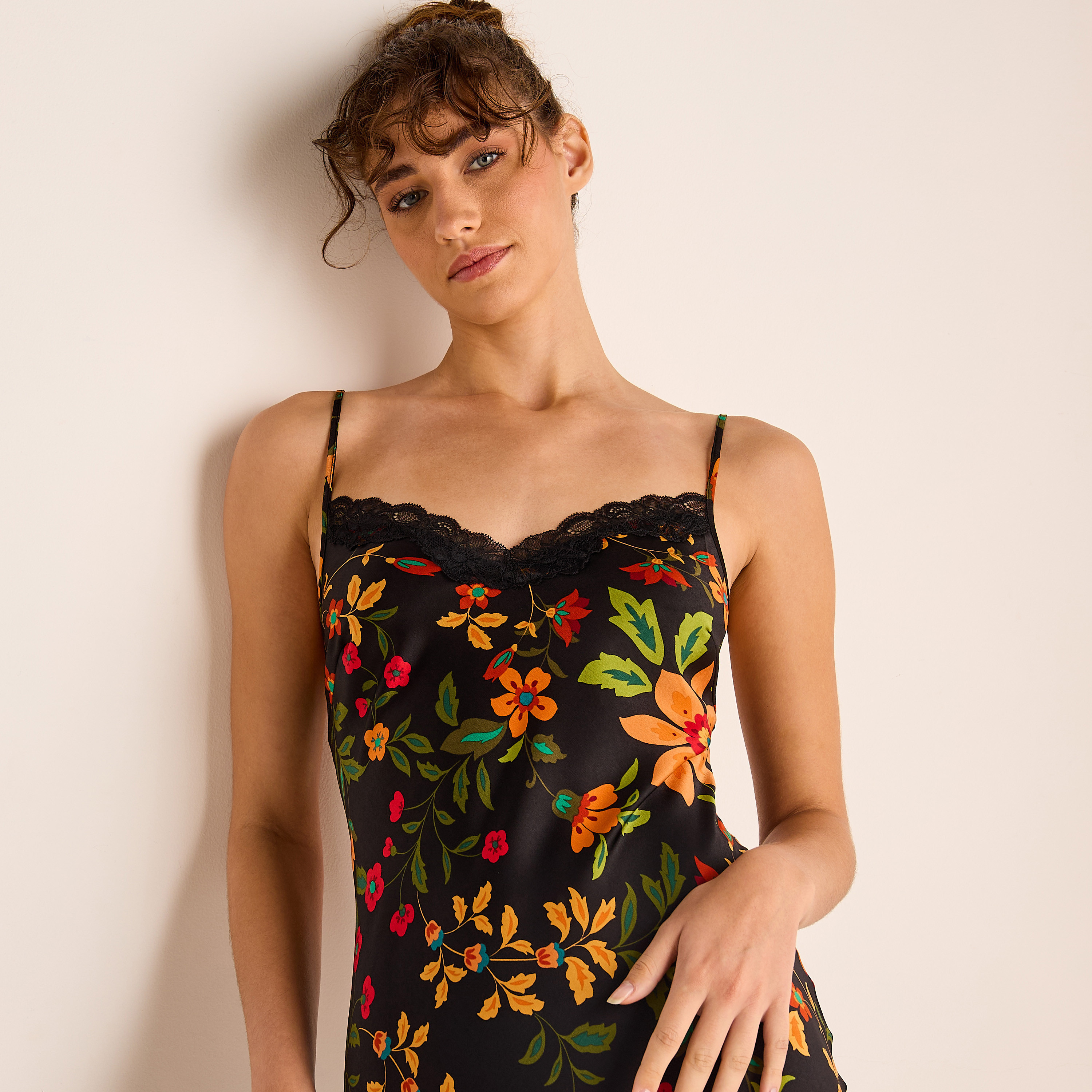 Floral Print Satin Slip Dress with Adjustable Straps-women-clothing-nightwear-nighties-image-4