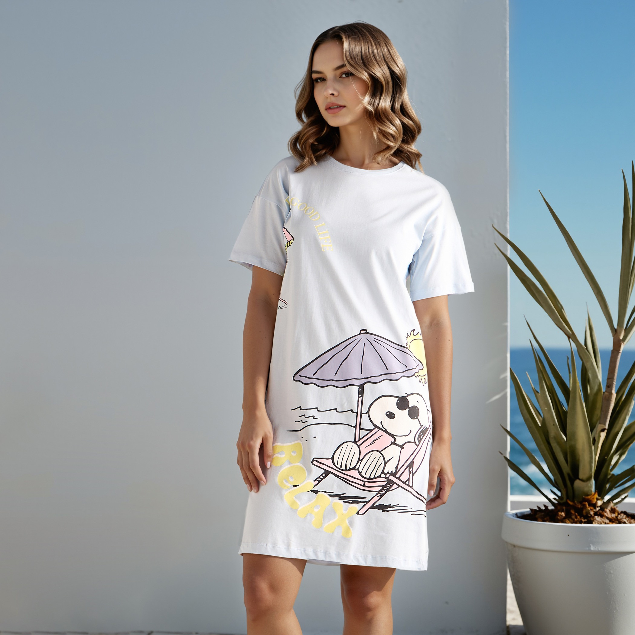 Snoopy Print Cotton Night Dress-women-clothing-nightwear-nighties-image-1