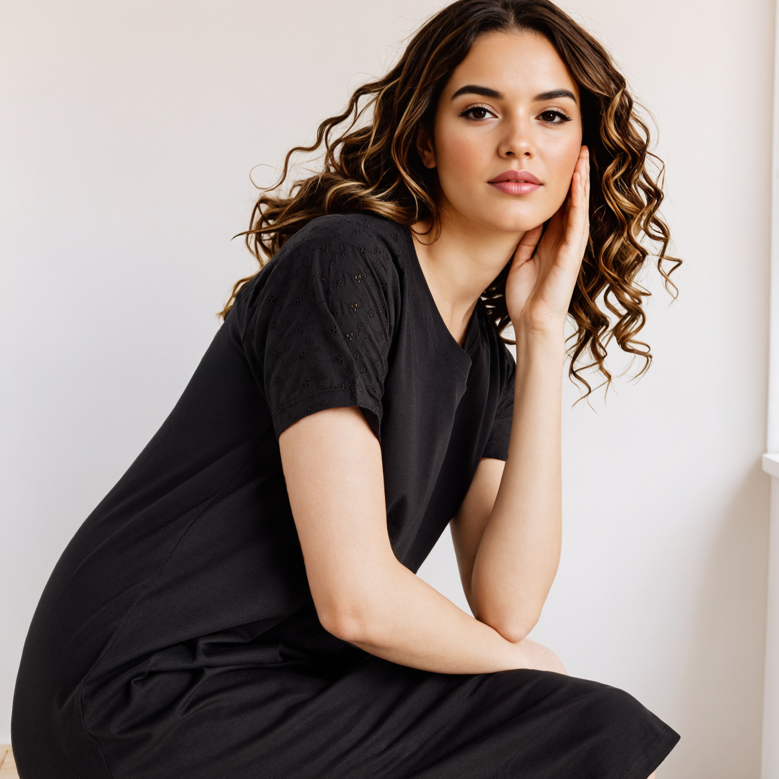 Schiffli Embroidered V-neck Cotton Night Dress-women-clothing-nightwear-nighties-image-4