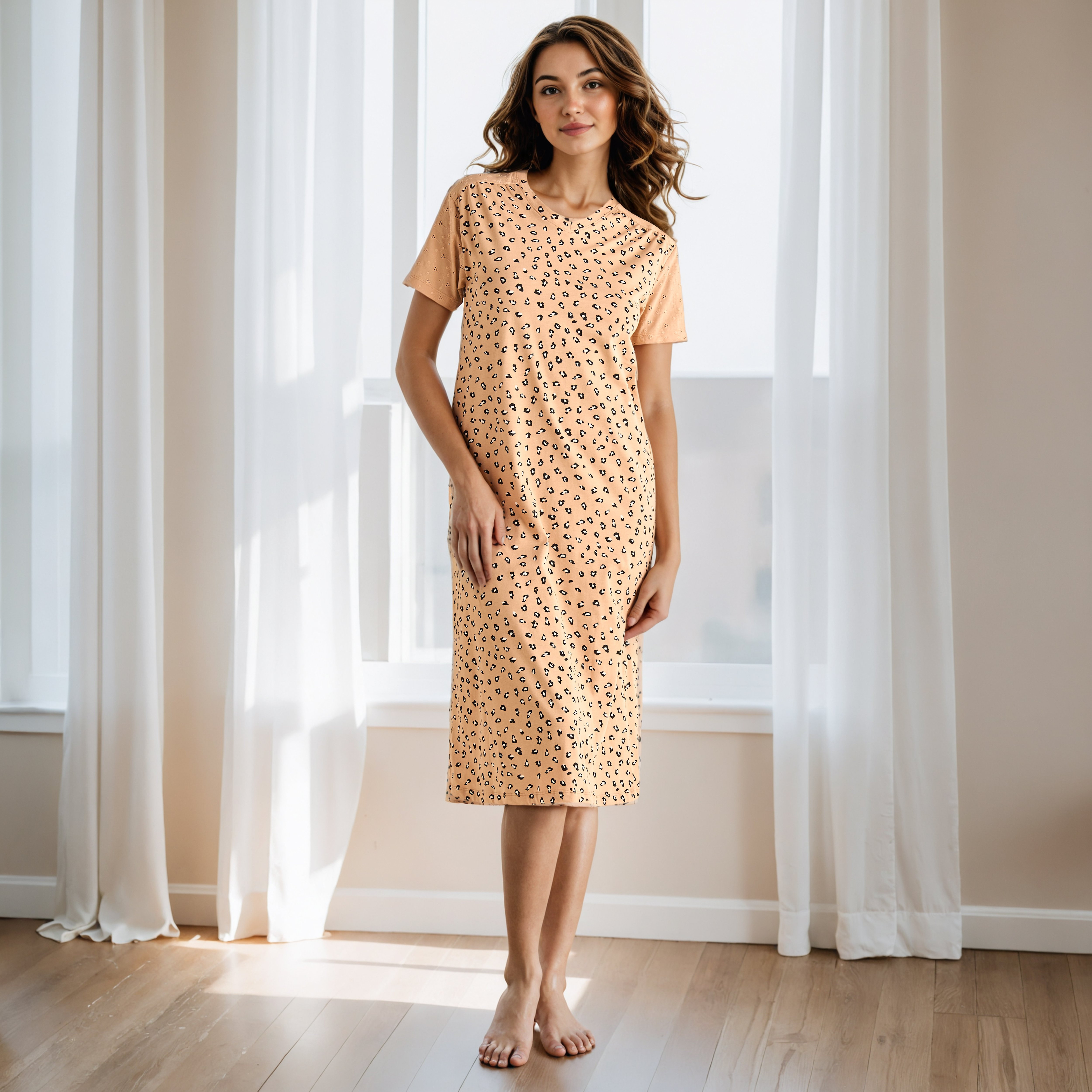 Schiffli Embroidered V-neck Cotton Night Dress-women-clothing-nightwear-nighties-image-1