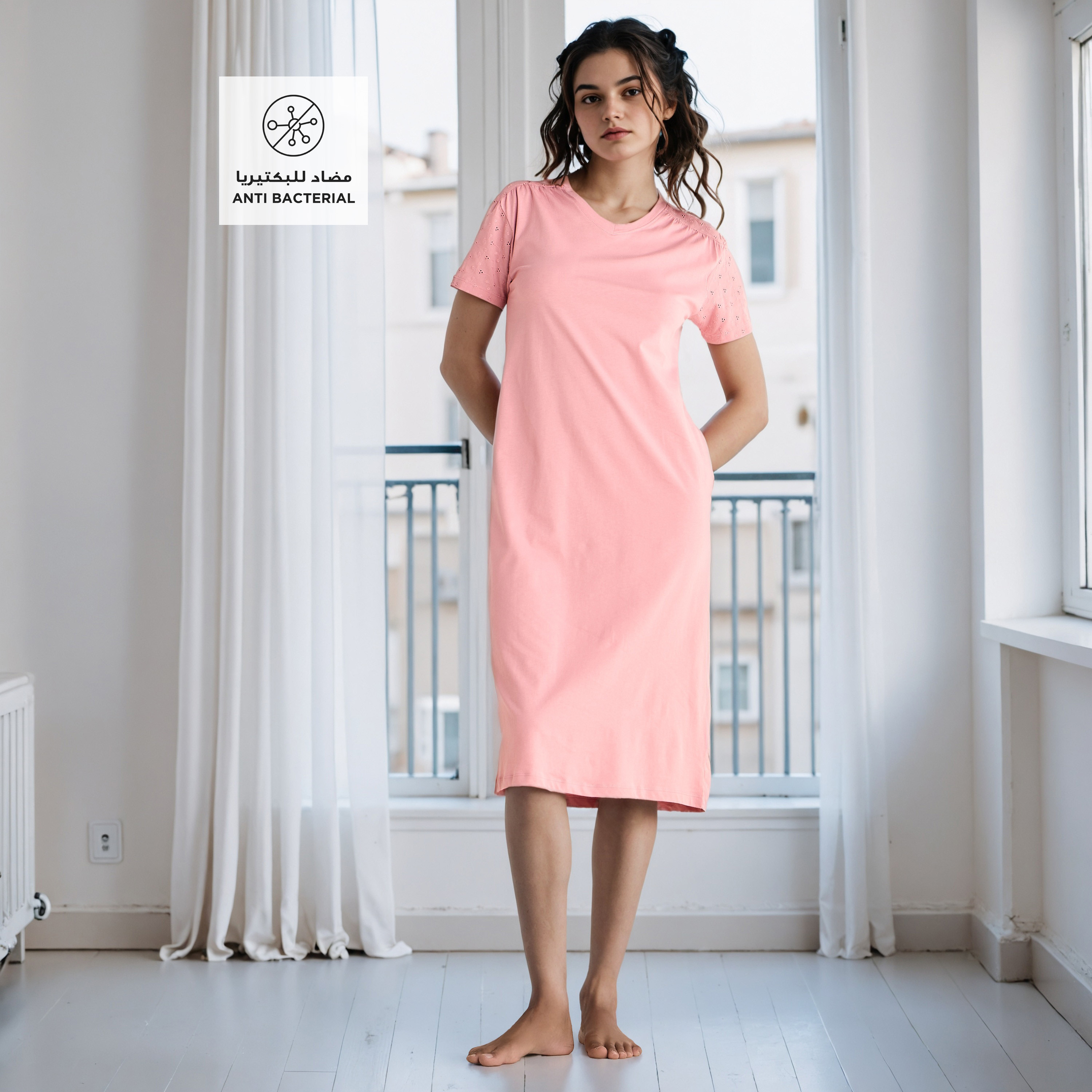 Schiffli Embroidered V-neck Cotton Night Dress-women-clothing-nightwear-nighties-image-2