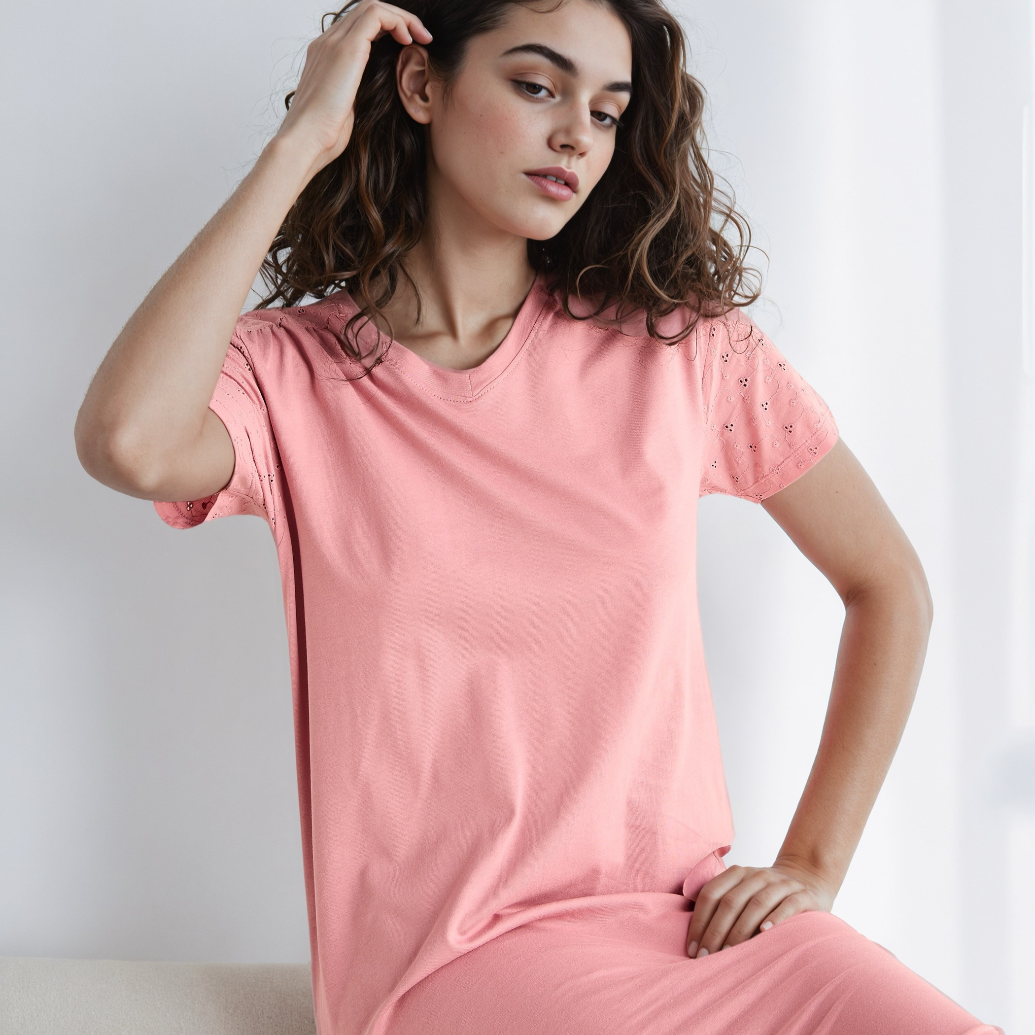 Schiffli Embroidered V-neck Cotton Night Dress-women-clothing-nightwear-nighties-image-4
