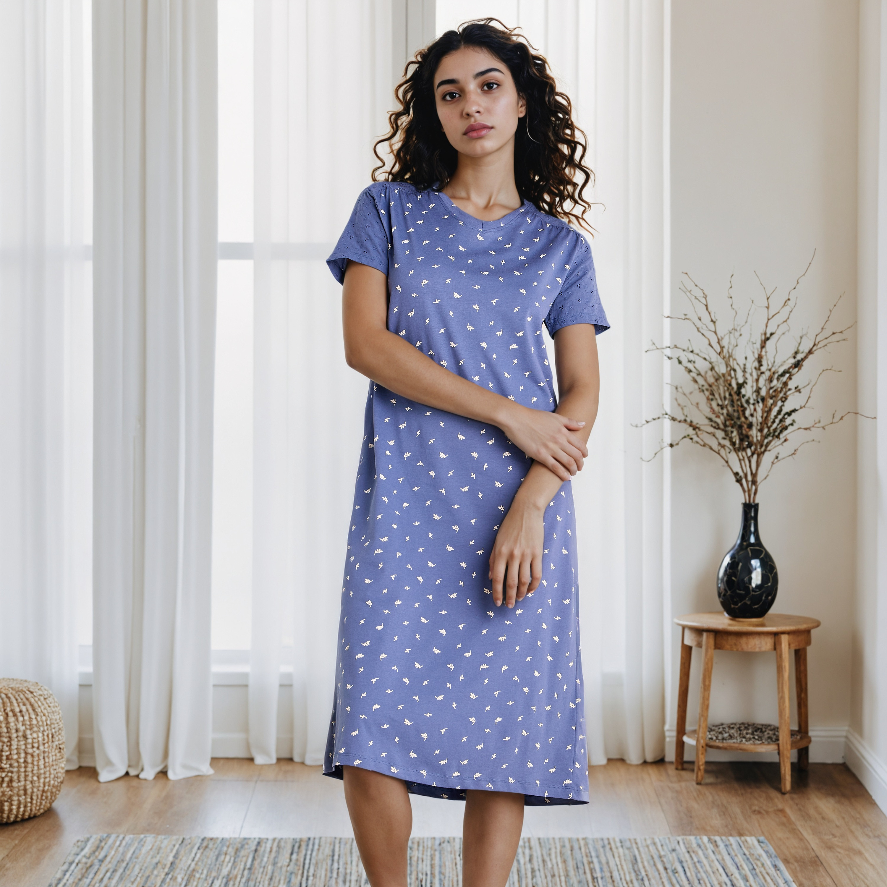 Schiffli Embroidered V-neck Cotton Night Dress-women-clothing-nightwear-nighties-image-1