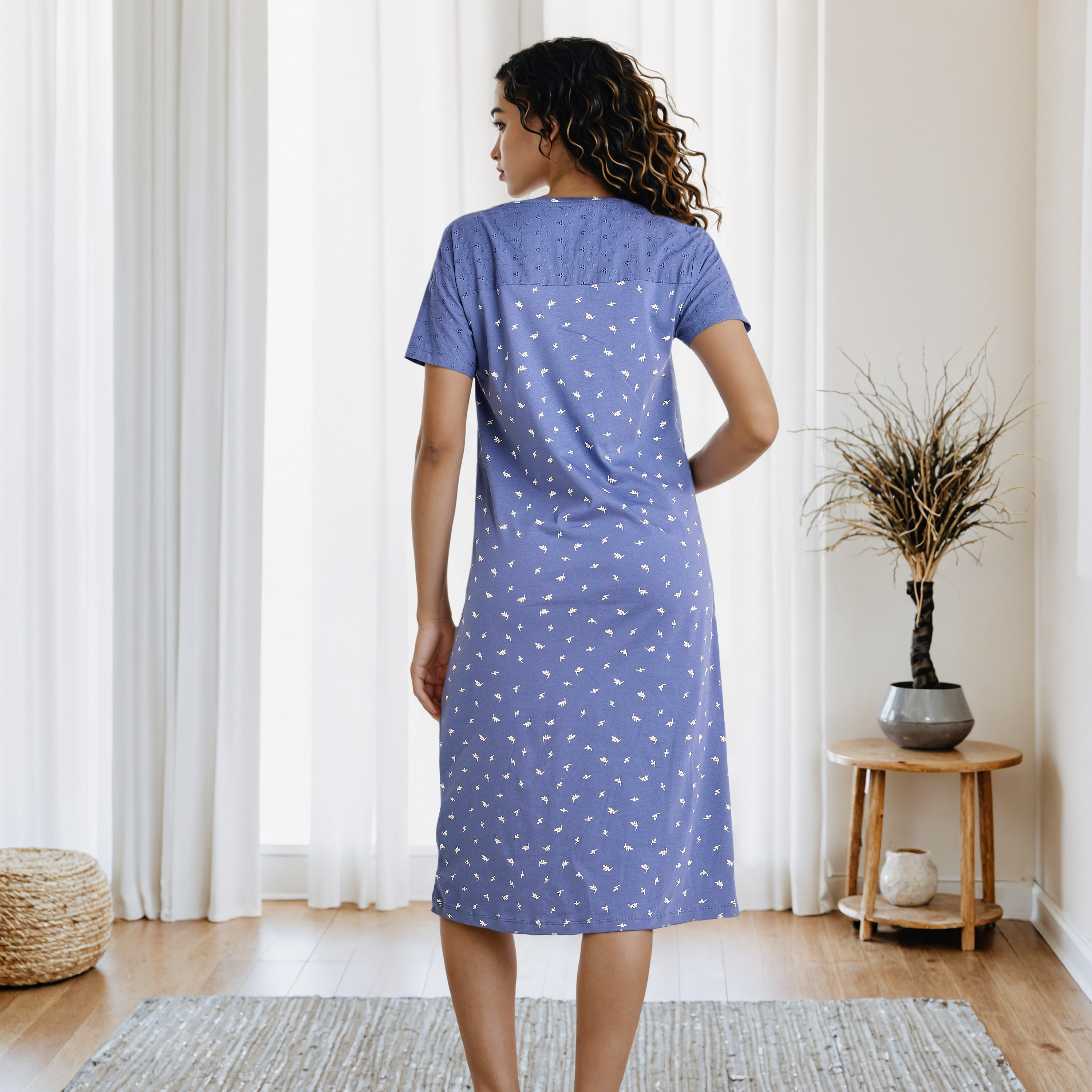 Schiffli Embroidered V-neck Cotton Night Dress-women-clothing-nightwear-nighties-image-3