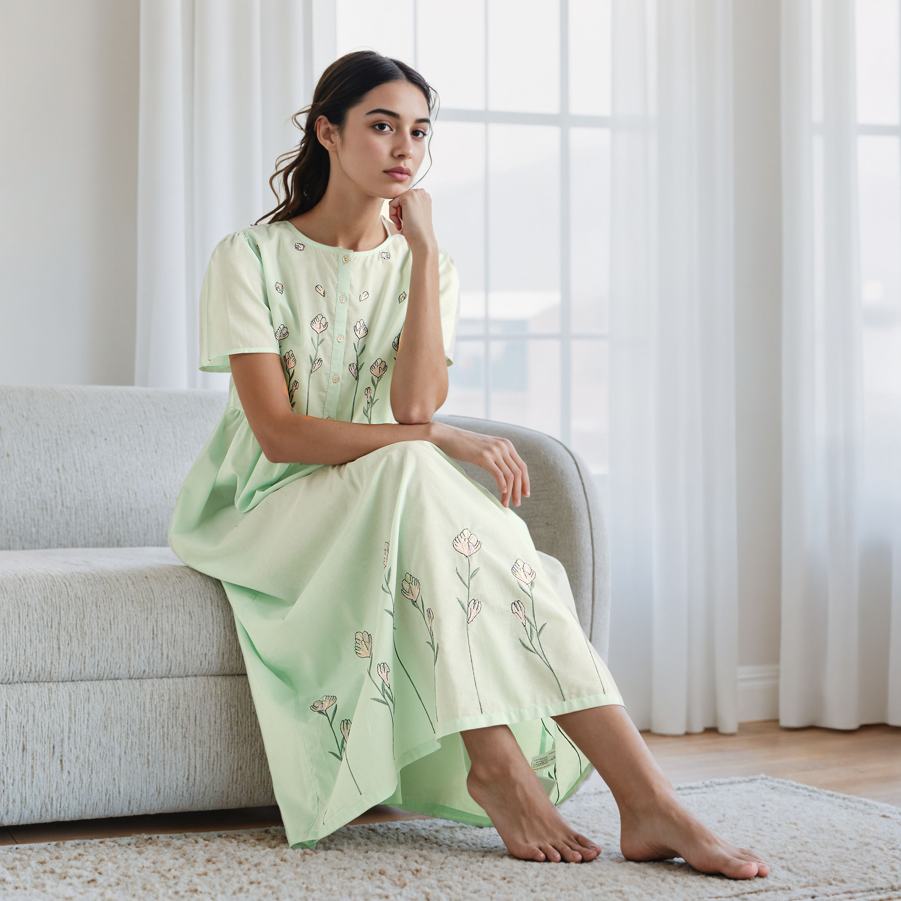 Embroidered Cotton Night Gown with Flutter Sleeves-women-clothing-nightwear-nighties-image-1