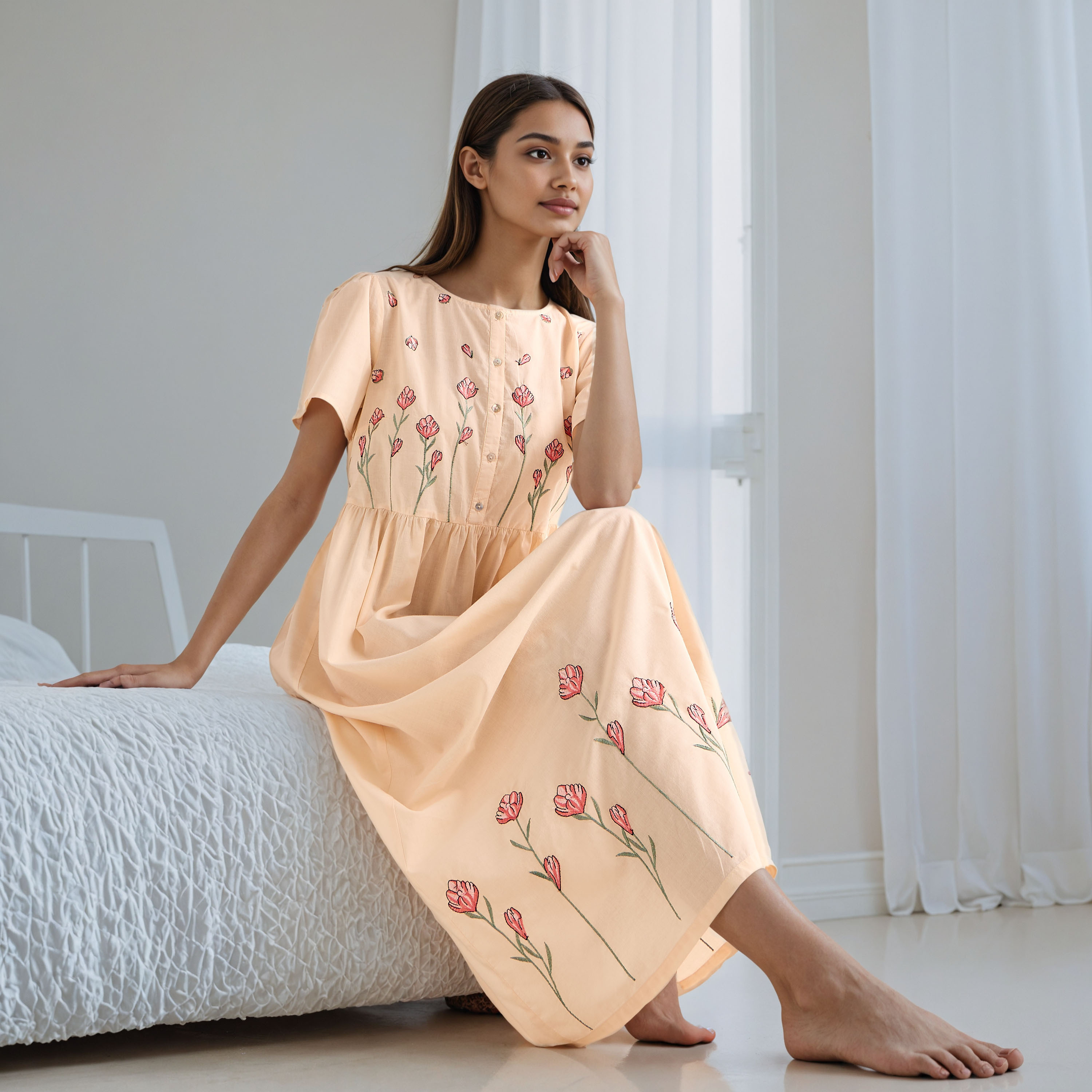 Embroidered Cotton Night Gown with Flutter Sleeves-women-clothing-nightwear-nighties-image-1