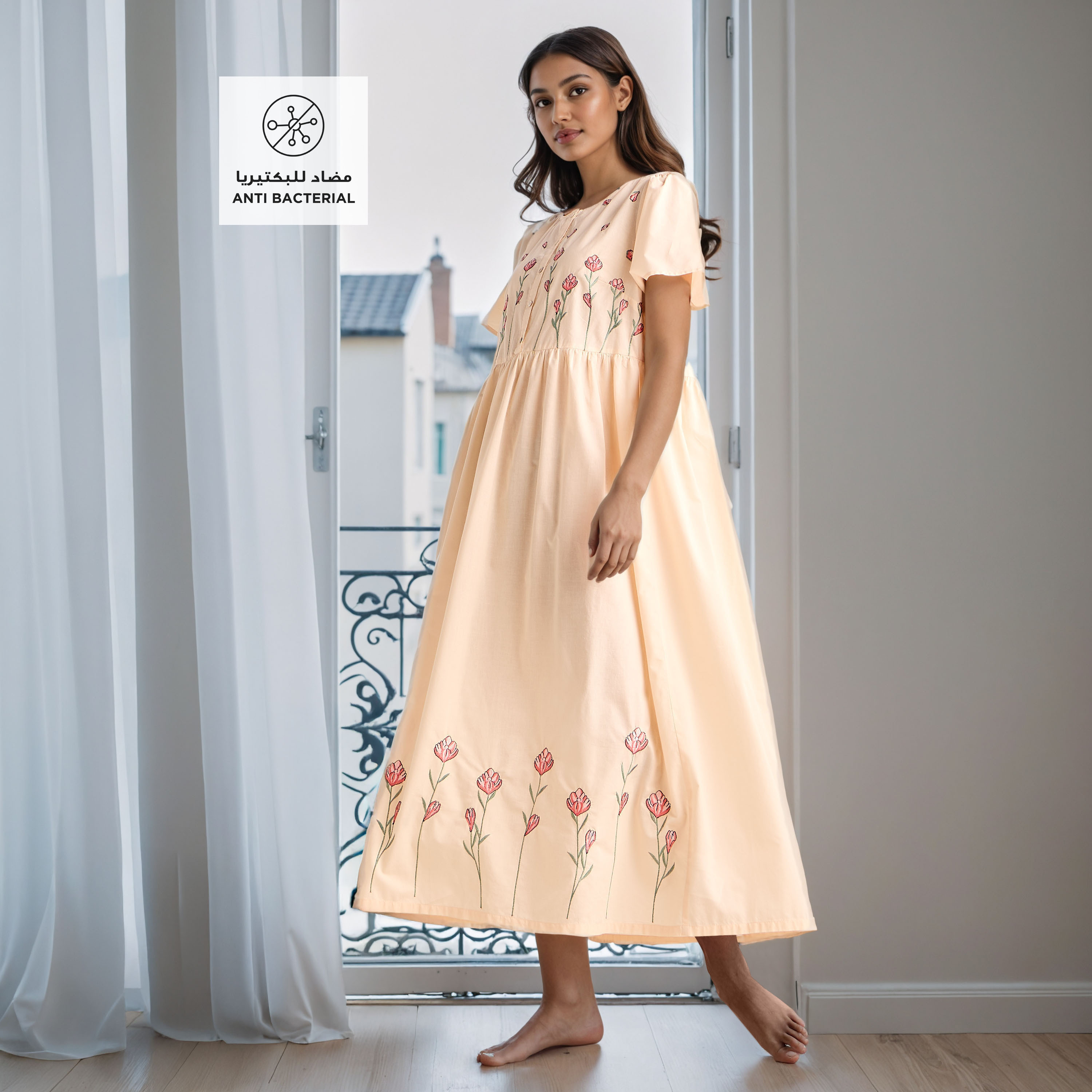 Embroidered Cotton Night Gown with Flutter Sleeves-women-clothing-nightwear-nighties-image-2