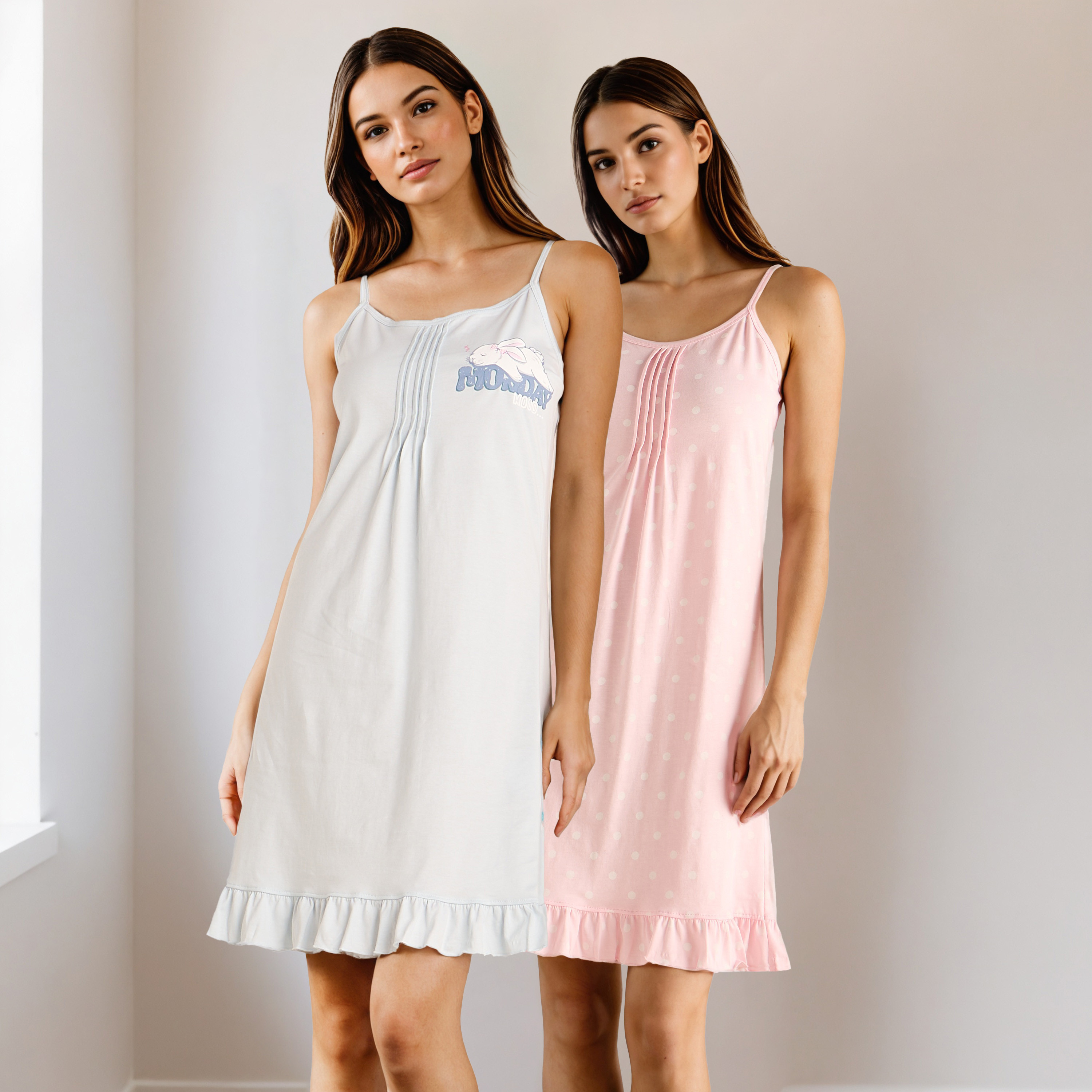 Set of 2 - Printed Cotton Slip Dress with Adjustable Straps-women-clothing-nightwear-nighties-image-1