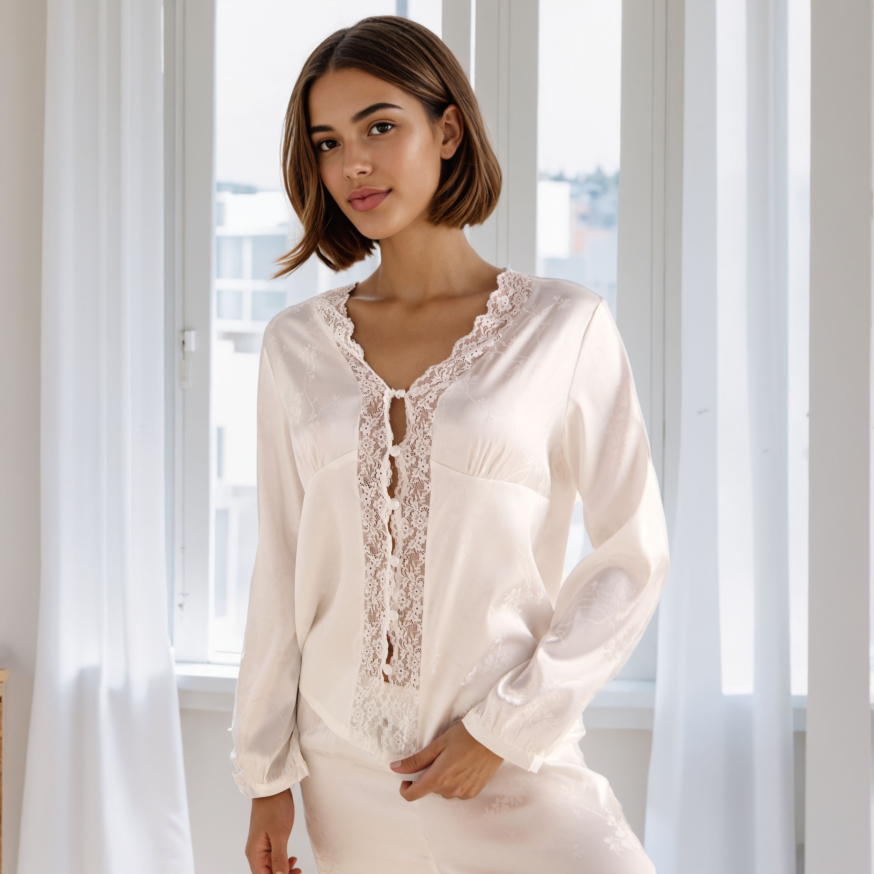 Lace Trim Jacquard Viscose Pyjama Set-women-clothing-nightwear-pyjamas-longsets-image-2