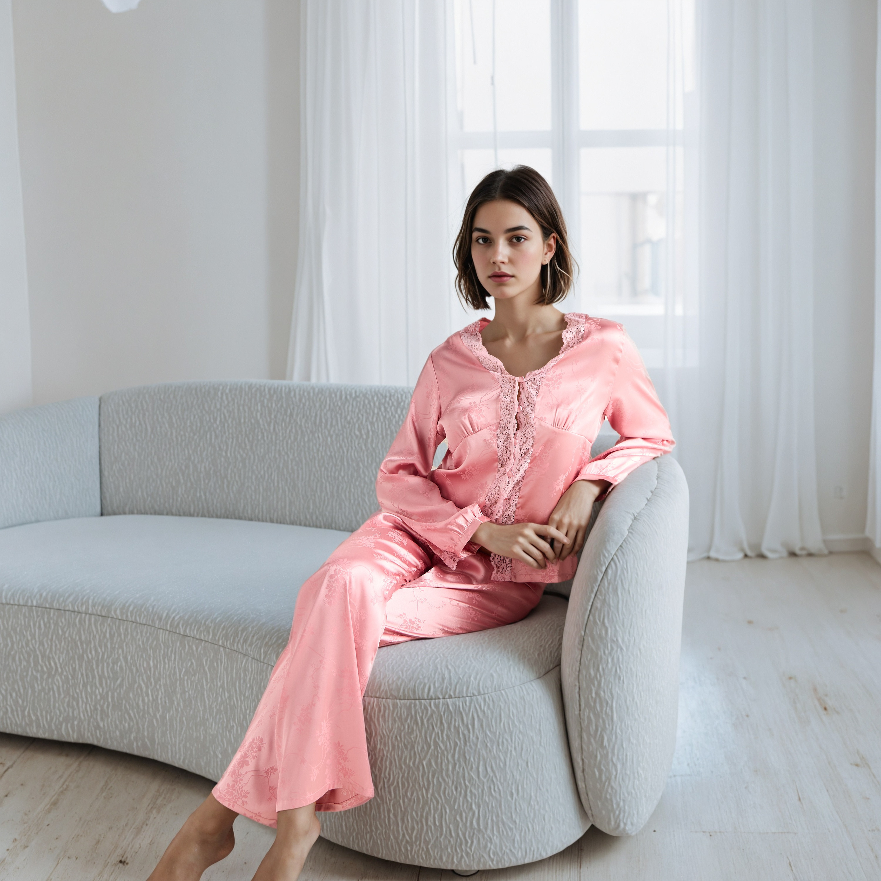 Lace Trim Jacquard Viscose Pyjama Set-women-clothing-nightwear-pyjamas-longsets-image-1