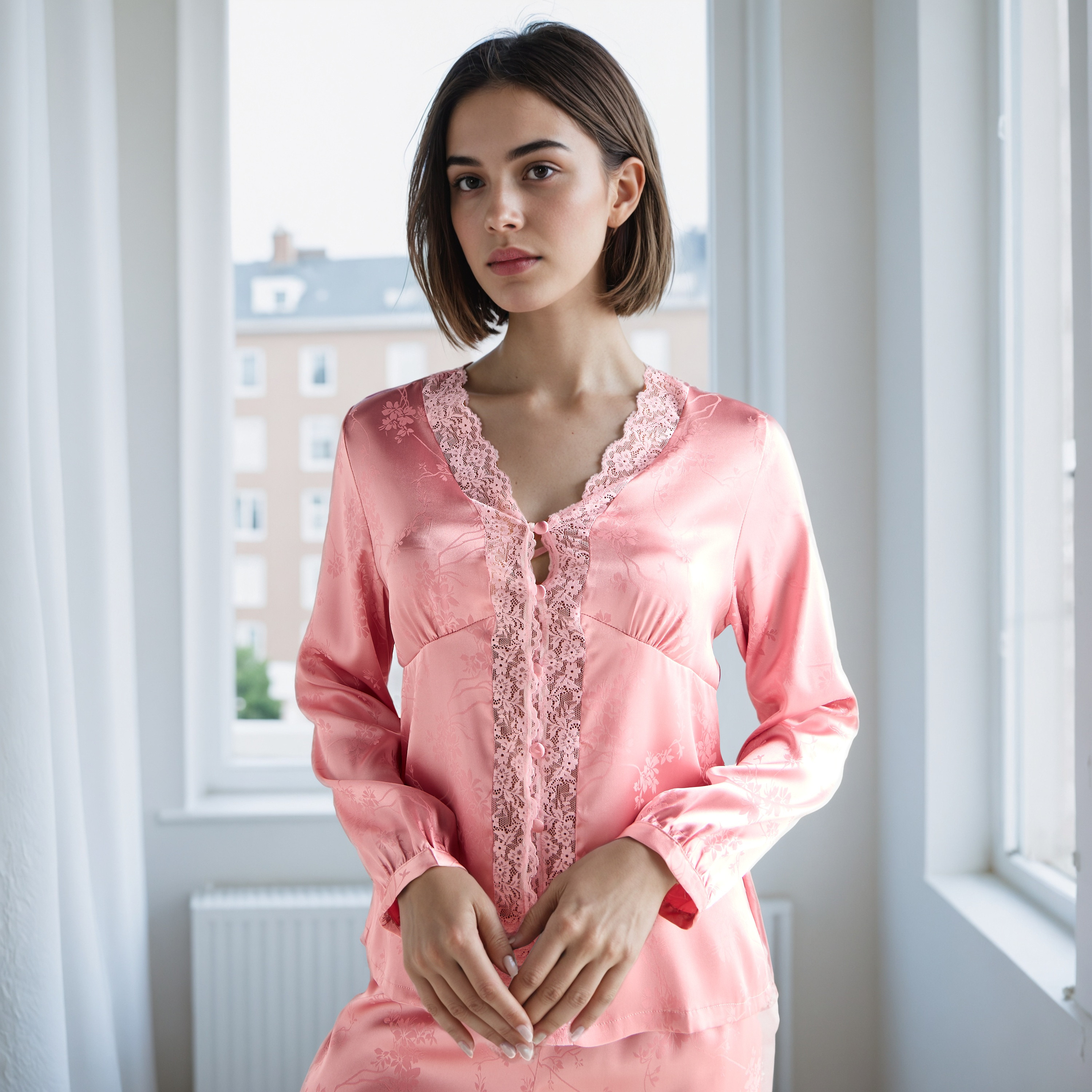 Lace Trim Jacquard Viscose Pyjama Set-women-clothing-nightwear-pyjamas-longsets-image-2