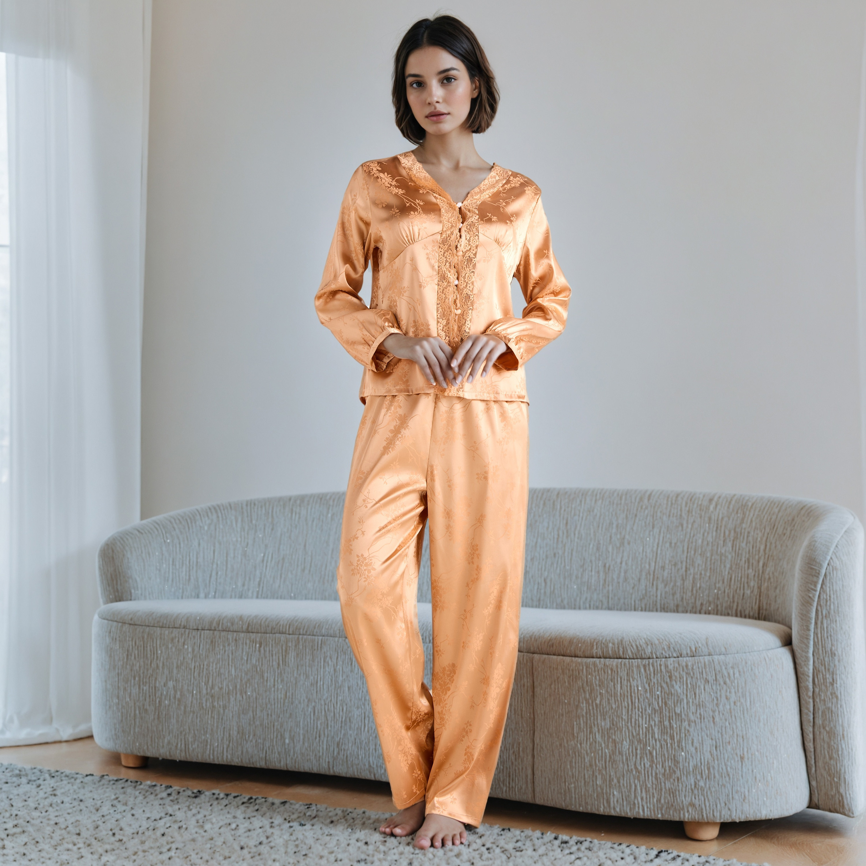 Lace Trim Jacquard Viscose Pyjama Set-women-clothing-nightwear-pyjamas-longsets-image-1
