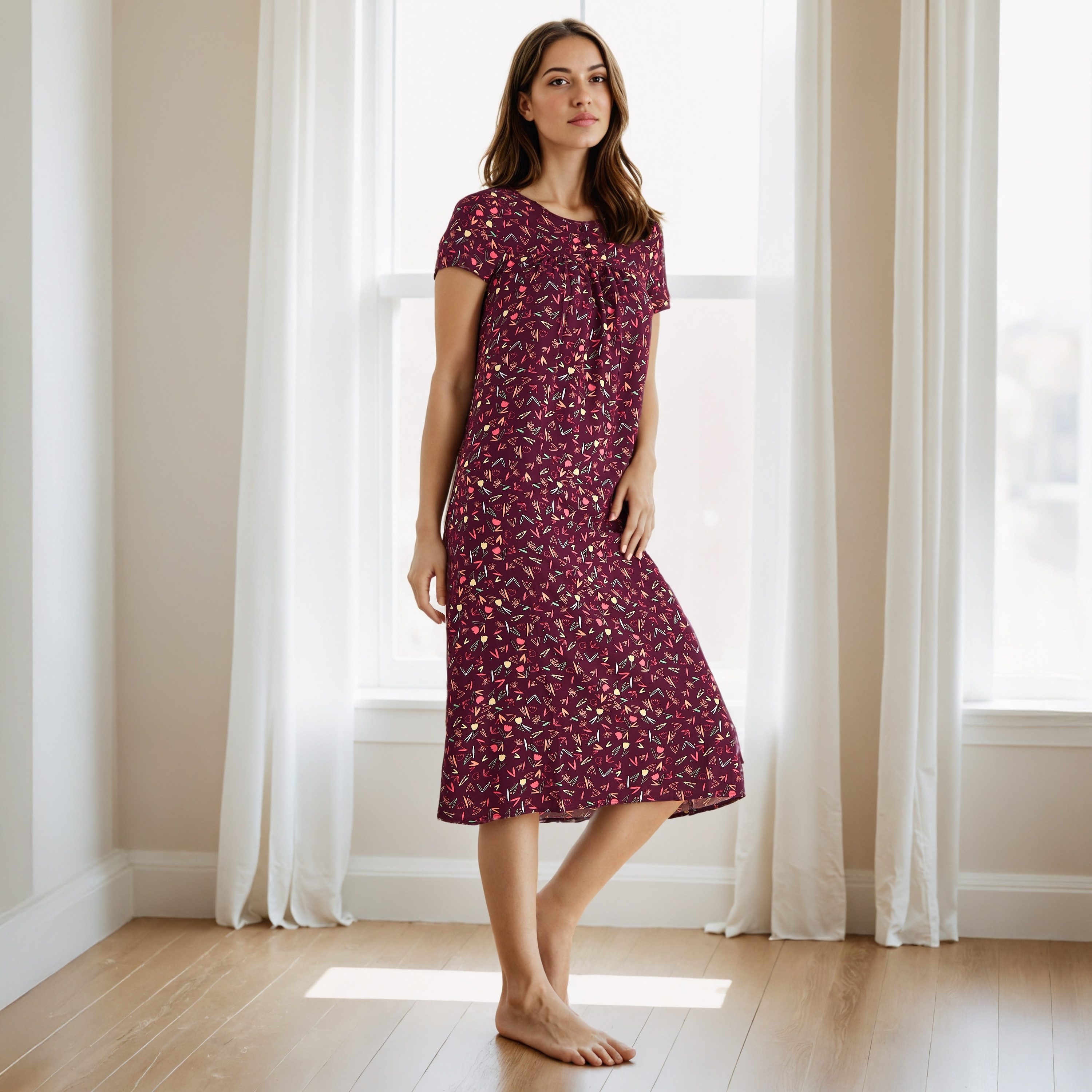 Floral Print Viscose Night Dress-women-clothing-nightwear-nighties-image-1