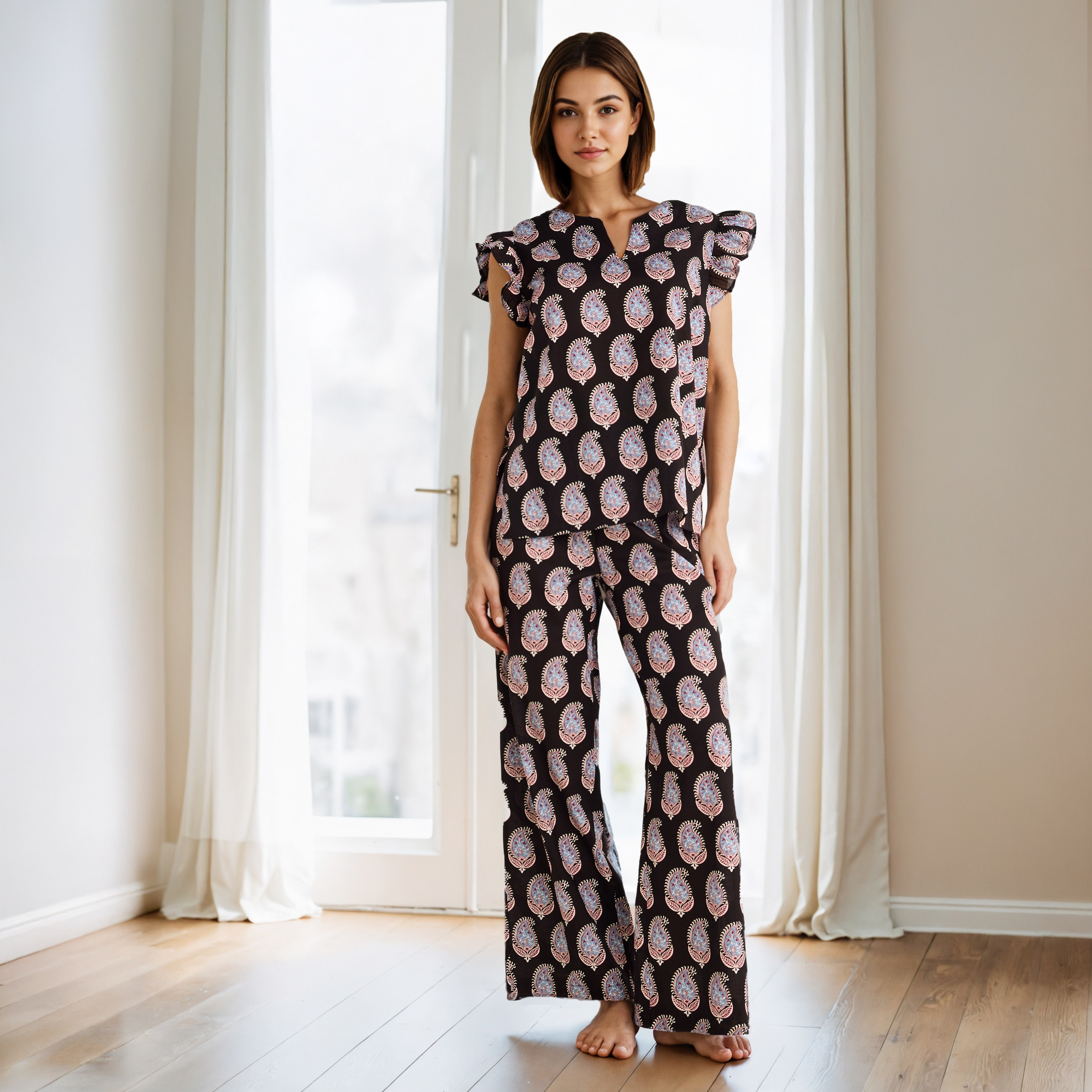 Printed Cotton Pyjama Set with Ruffle Sleeves-women-clothing-nightwear-pyjamas-longsets-image-1