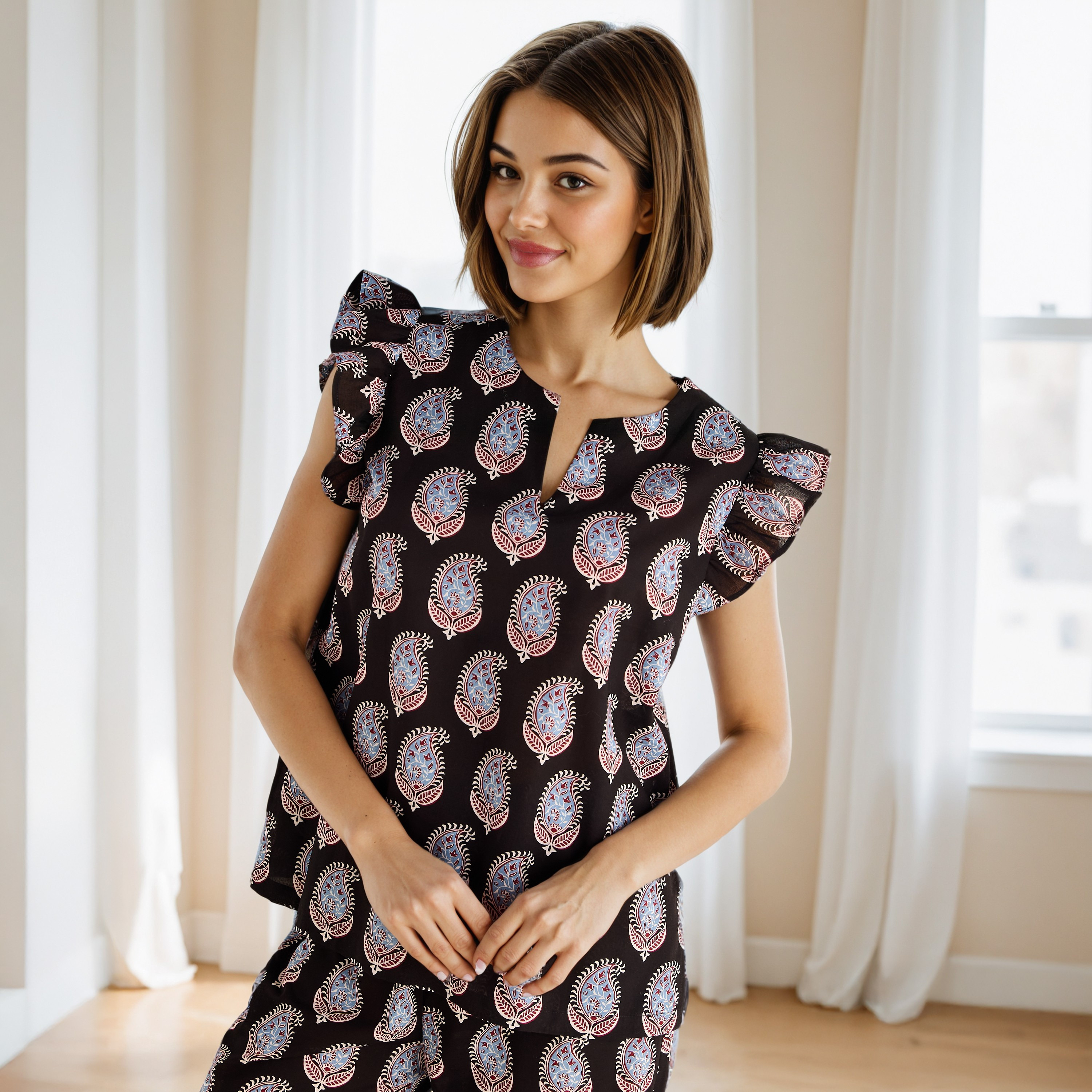 Printed Cotton Pyjama Set with Ruffle Sleeves-women-clothing-nightwear-pyjamas-longsets-image-2