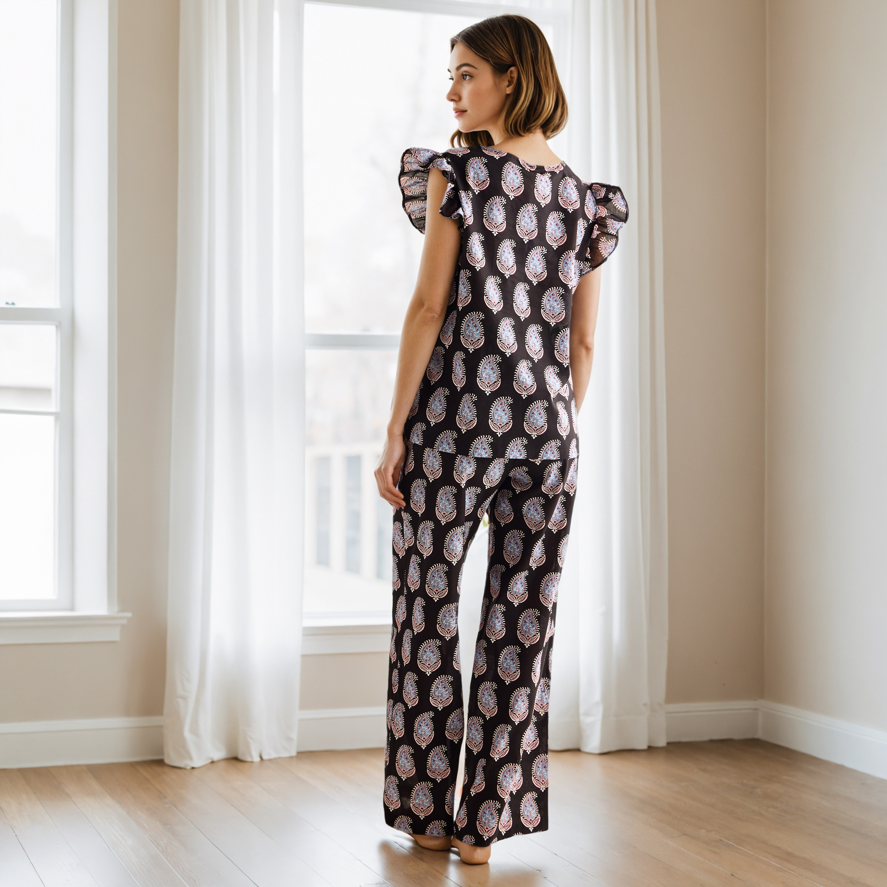 Printed Cotton Pyjama Set with Ruffle Sleeves-women-clothing-nightwear-pyjamas-longsets-image-3