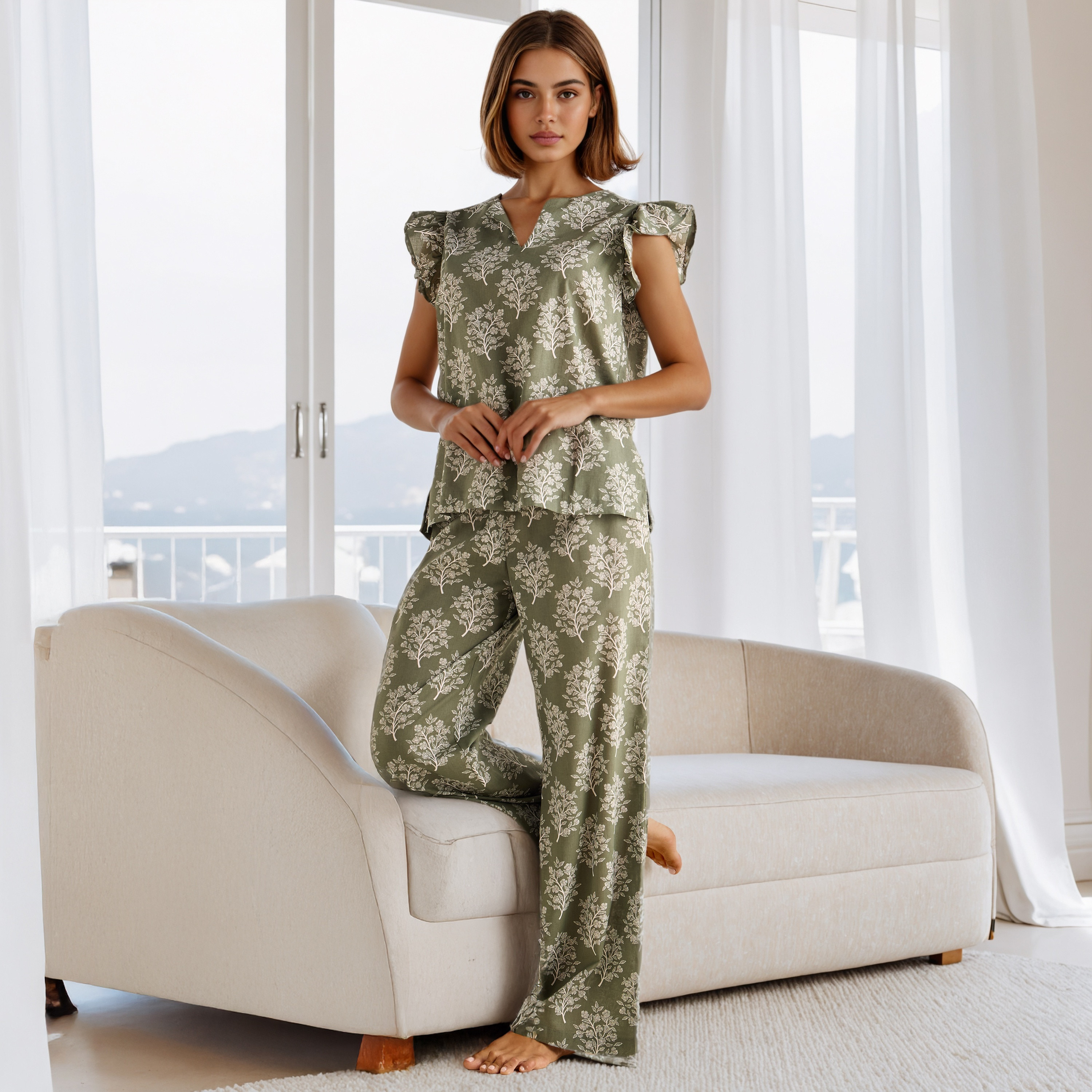 طقم بيجاما قطن بأكمام كشكش وطبعات-women-clothing-nightwear-pyjamas-longsets-image-1