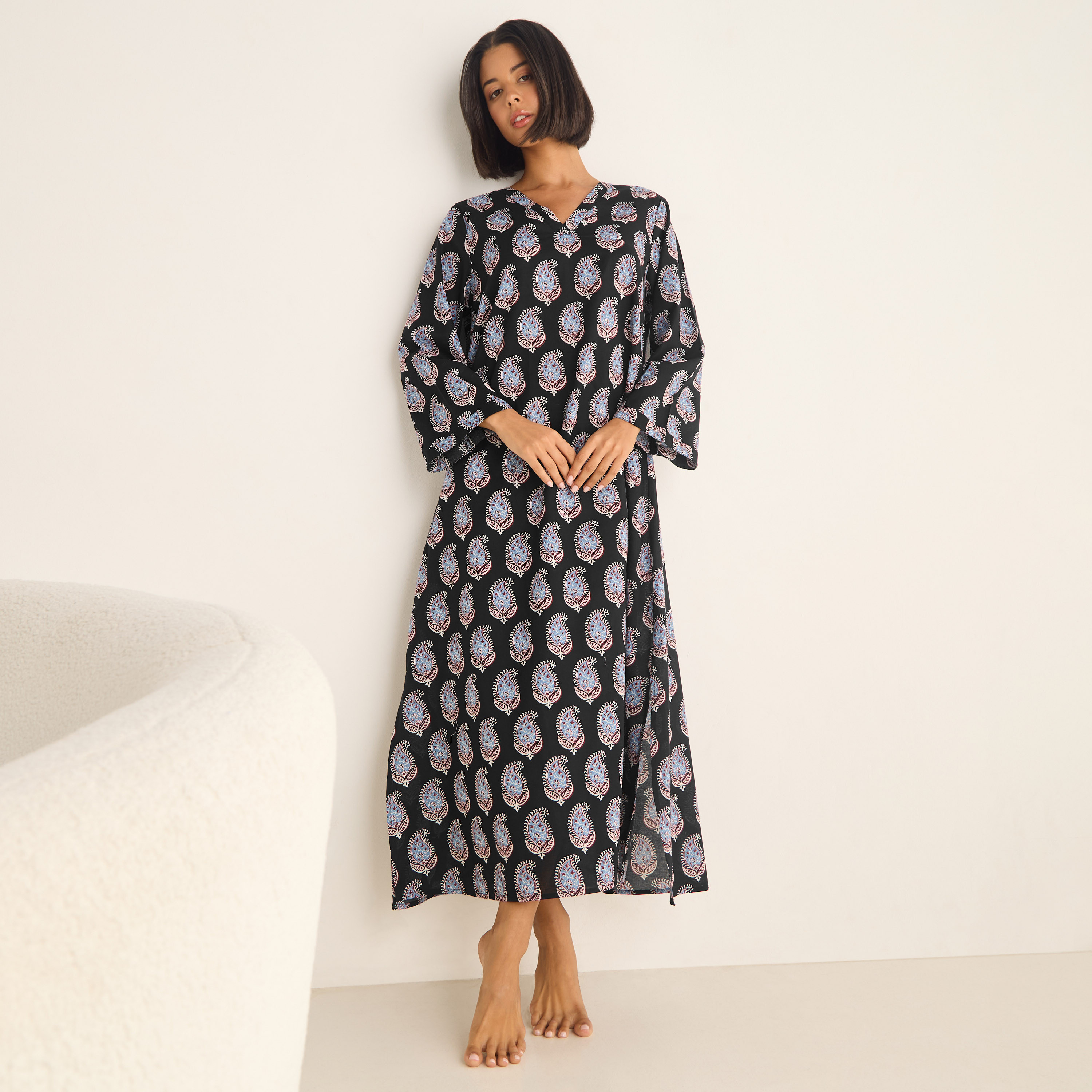 Paisley Print Kaftan Cotton Night Dress with V-neck-women-clothing-nightwear-nighties-image-1