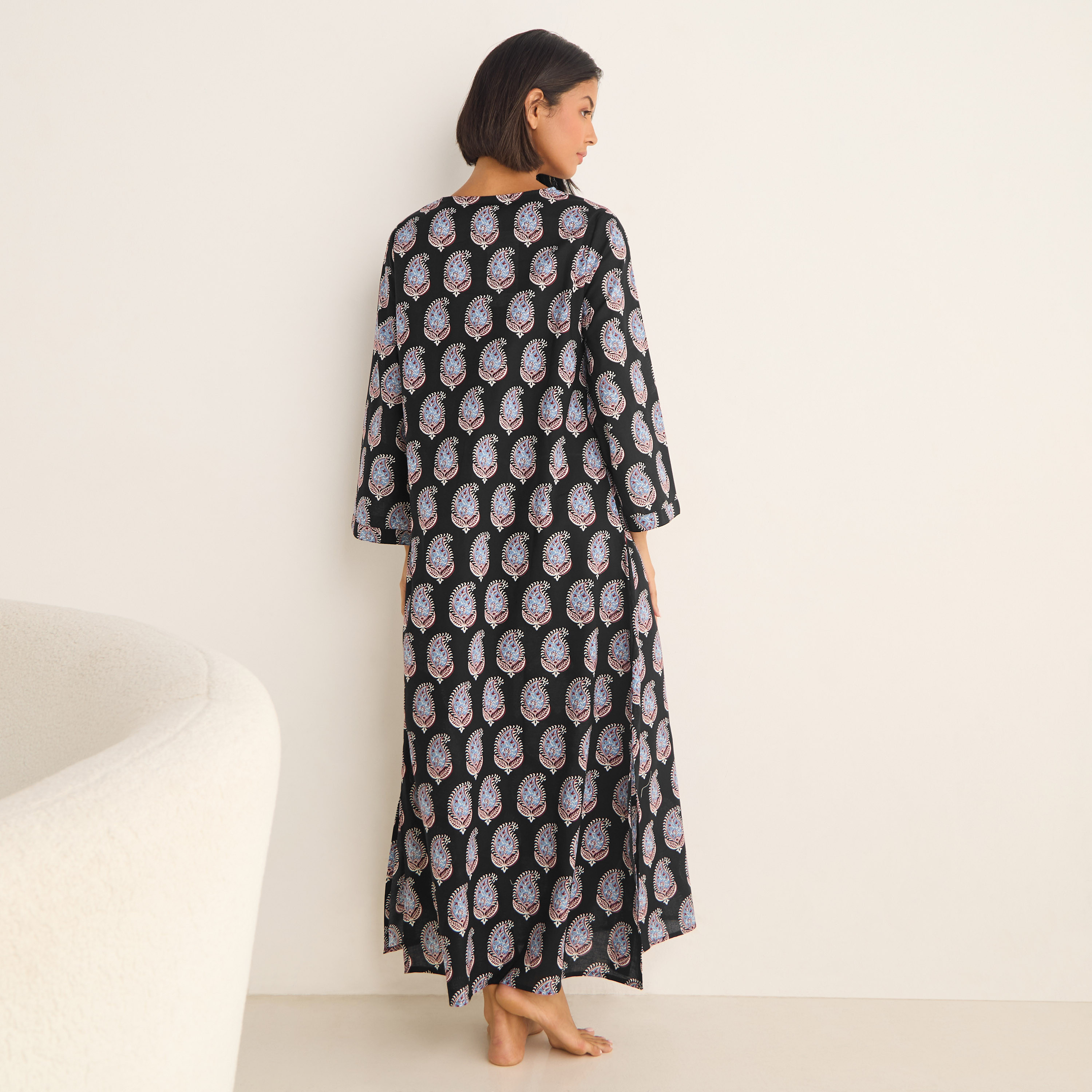 Paisley Print Kaftan Cotton Night Dress with V-neck-women-clothing-nightwear-nighties-image-2