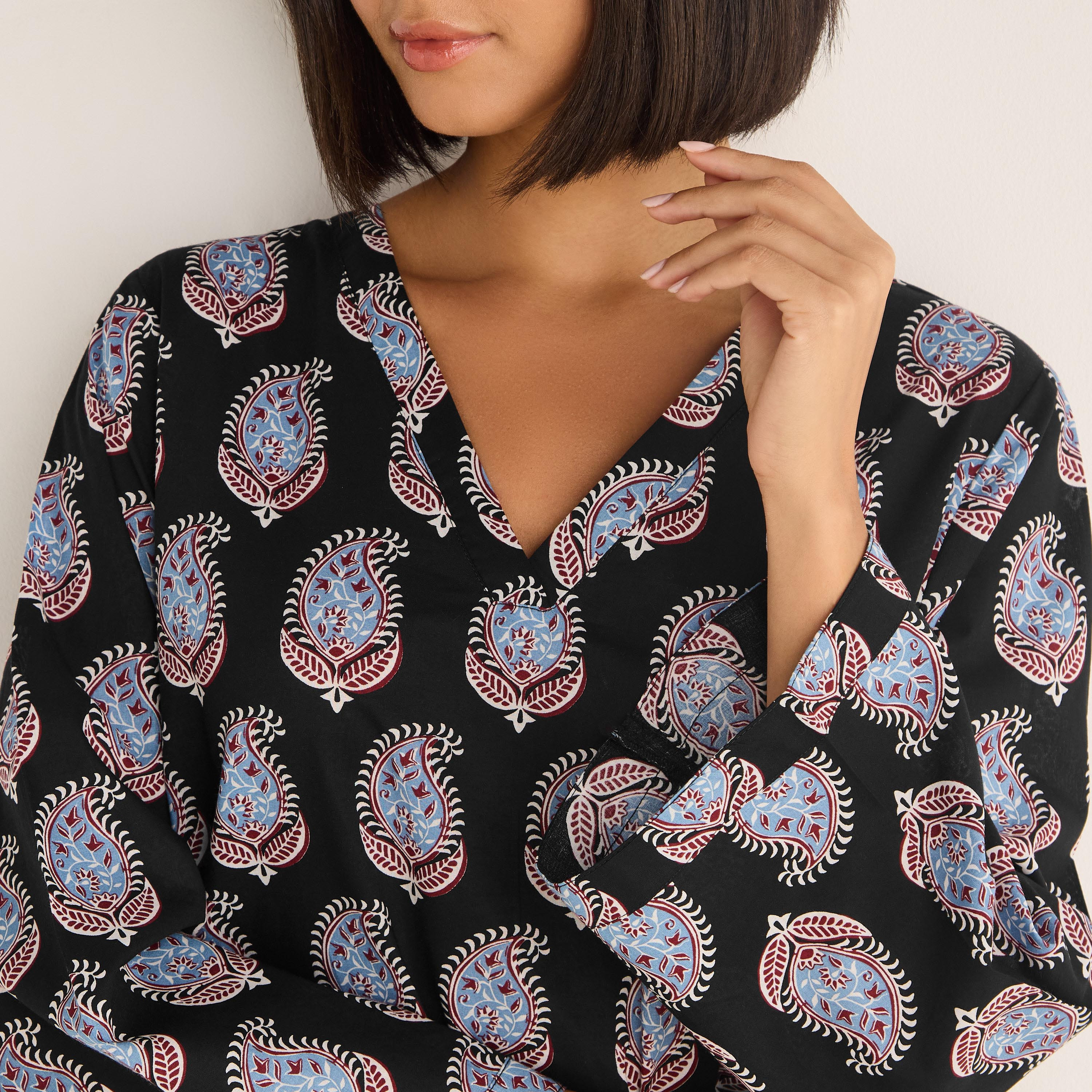 Paisley Print Kaftan Cotton Night Dress with V-neck-women-clothing-nightwear-nighties-image-3