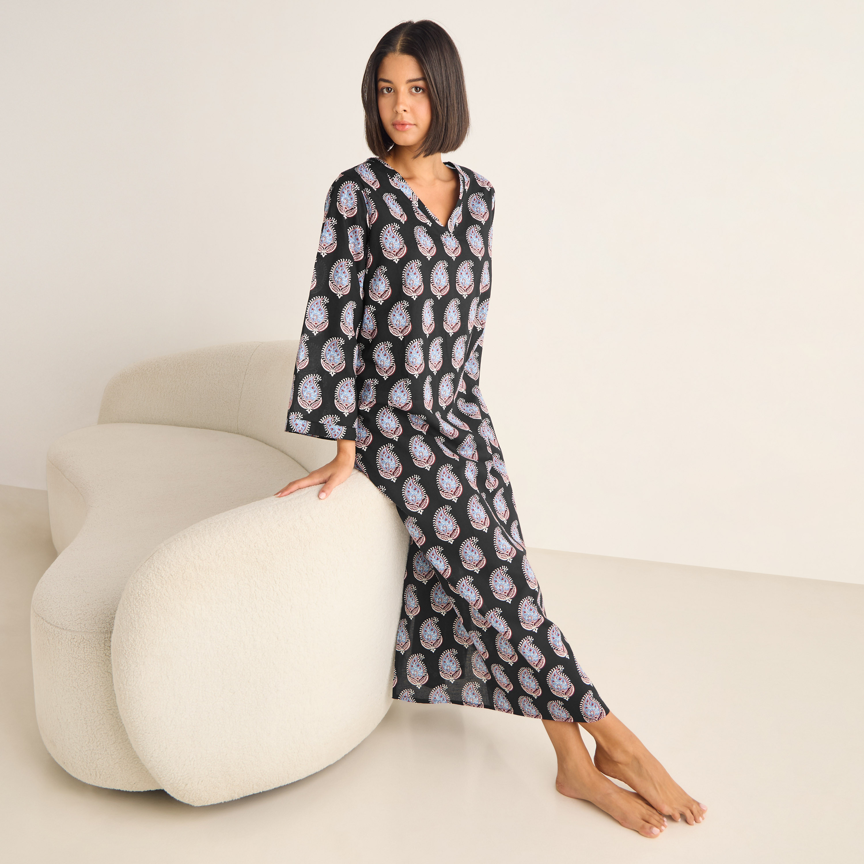 Paisley Print Kaftan Cotton Night Dress with V-neck-women-clothing-nightwear-nighties-image-5