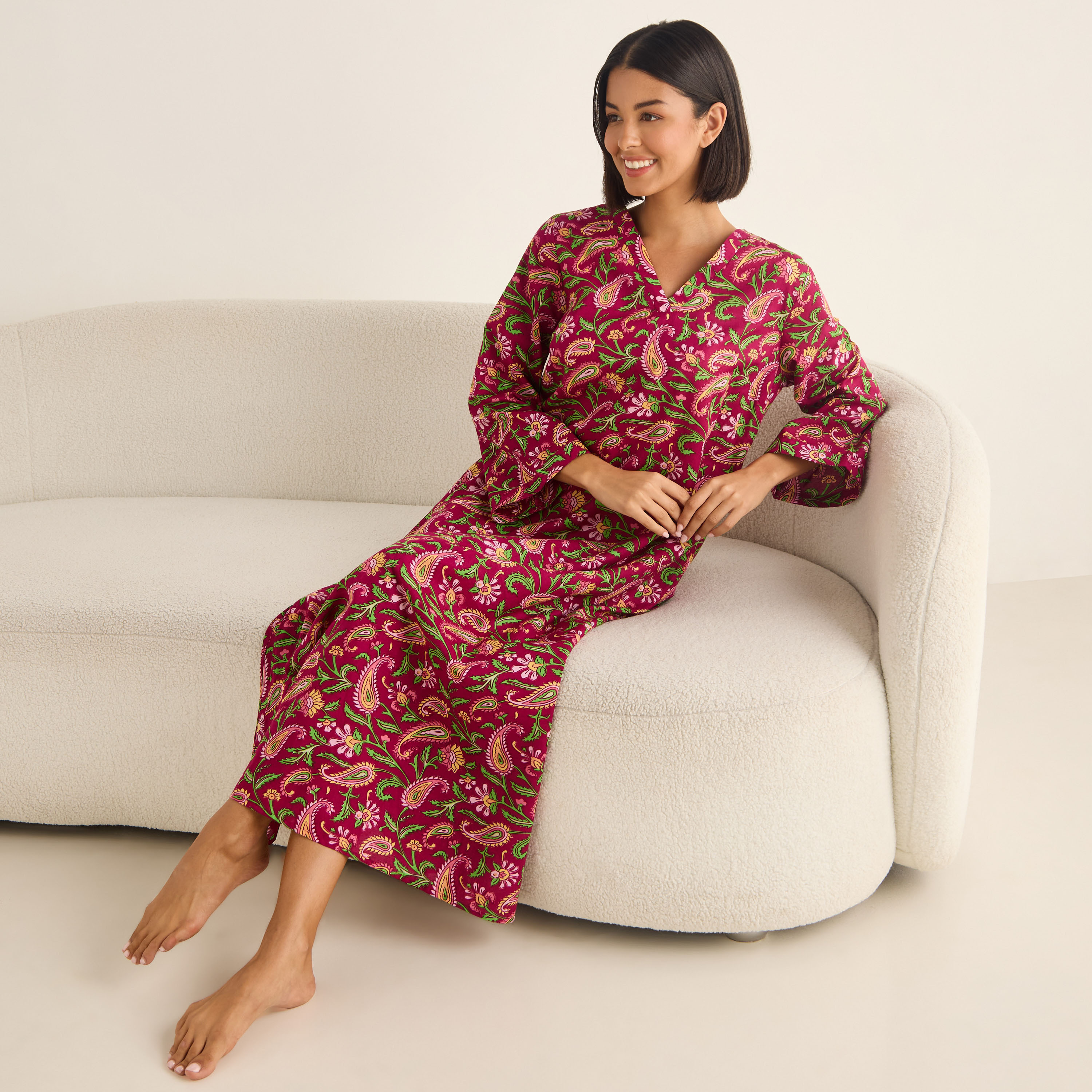 Paisley Print Kaftan Cotton Night Dress with V-neck-women-clothing-nightwear-nighties-image-1