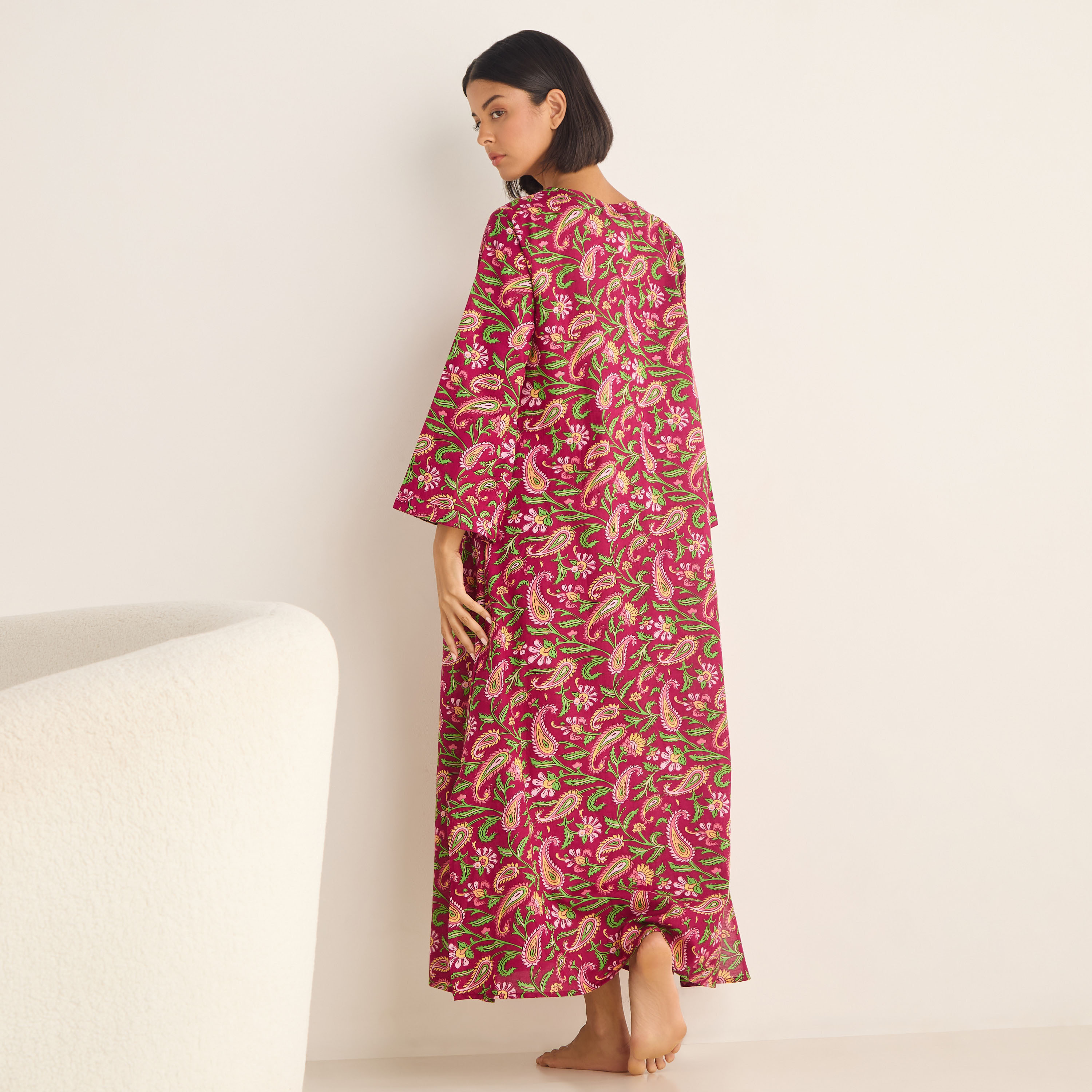 Paisley Print Kaftan Cotton Night Dress with V-neck-women-clothing-nightwear-nighties-image-2