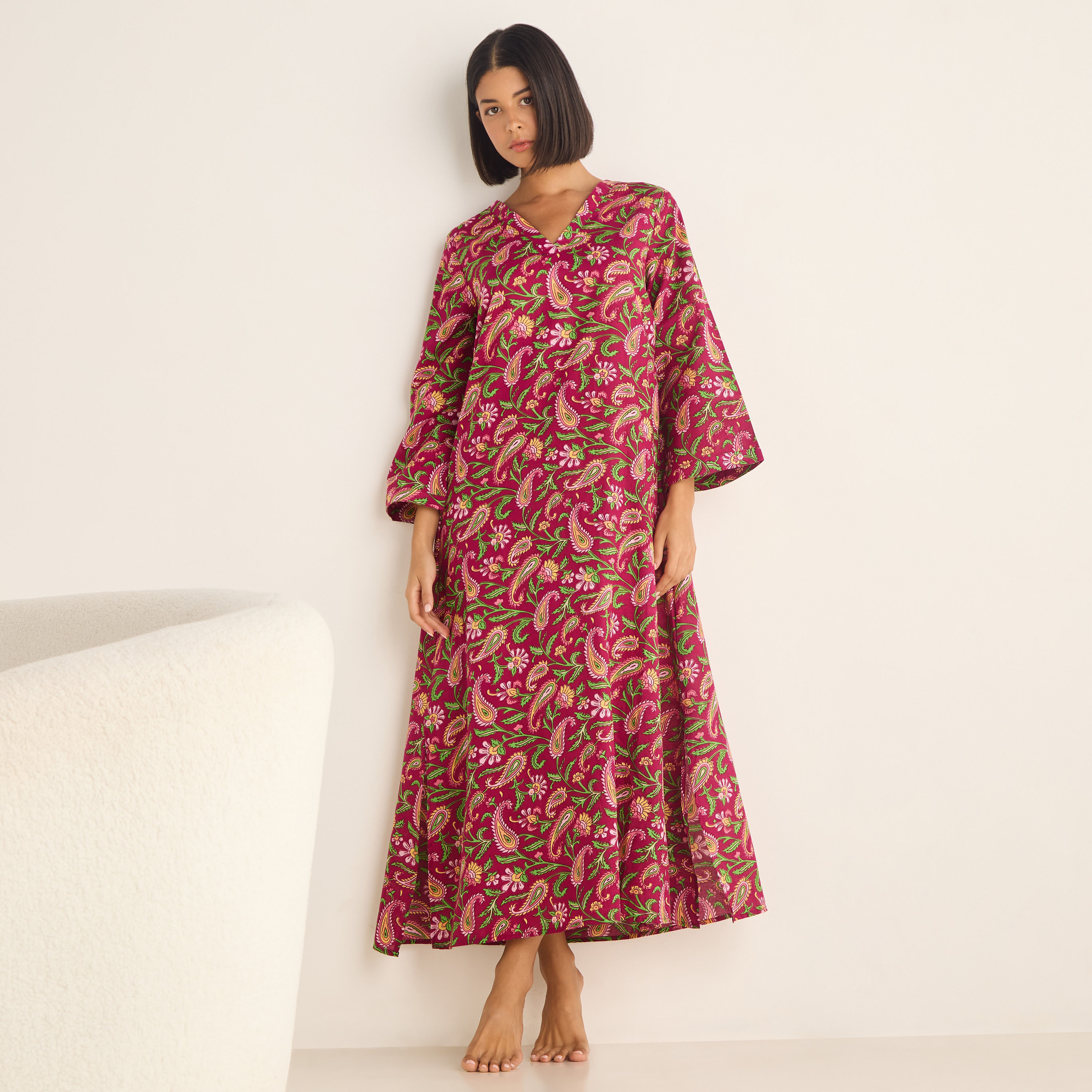 Paisley Print Kaftan Cotton Night Dress with V-neck-women-clothing-nightwear-nighties-image-5