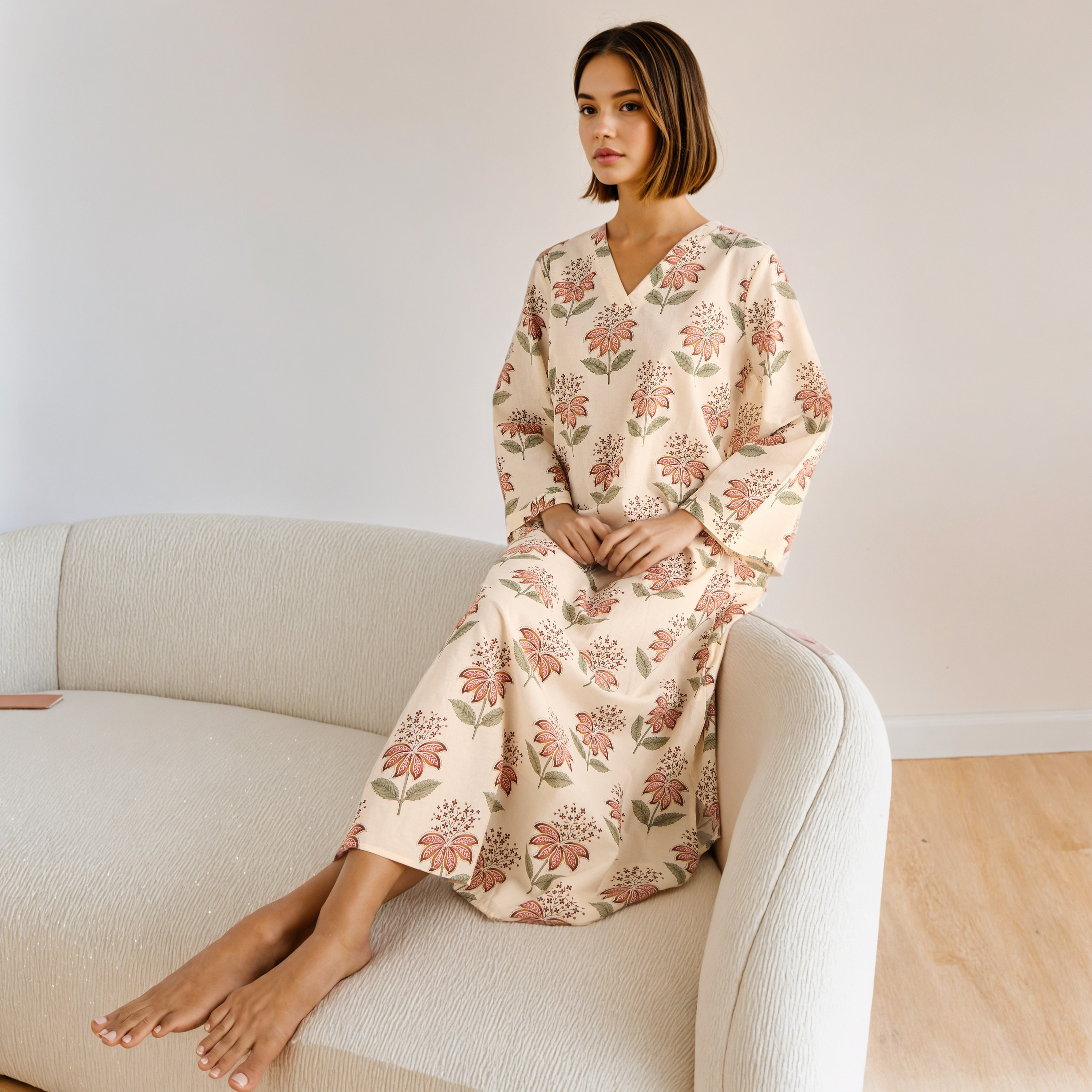 Floral Print Kaftan Cotton Night Dress with V-neck-women-clothing-nightwear-nighties-image-1