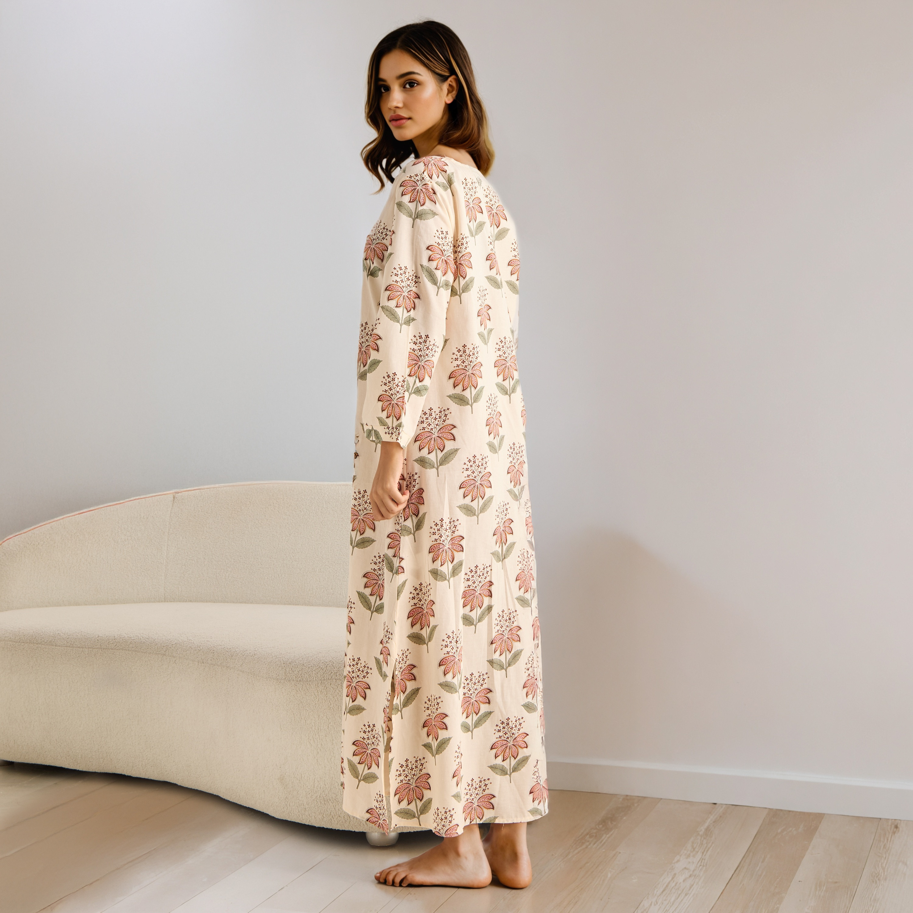 Floral Print Kaftan Cotton Night Dress with V-neck-women-clothing-nightwear-nighties-image-2