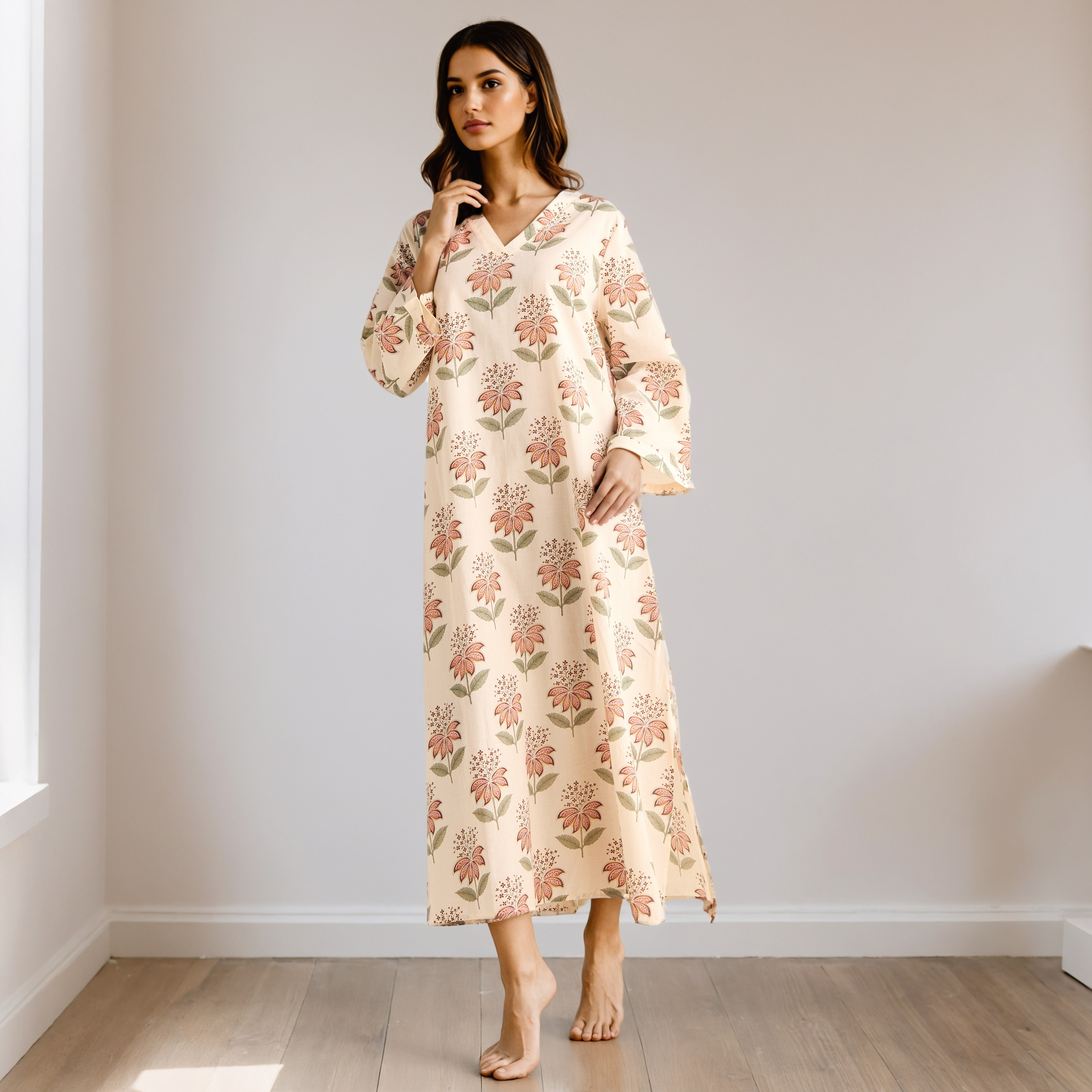 Floral Print Kaftan Cotton Night Dress with V-neck-women-clothing-nightwear-nighties-image-5