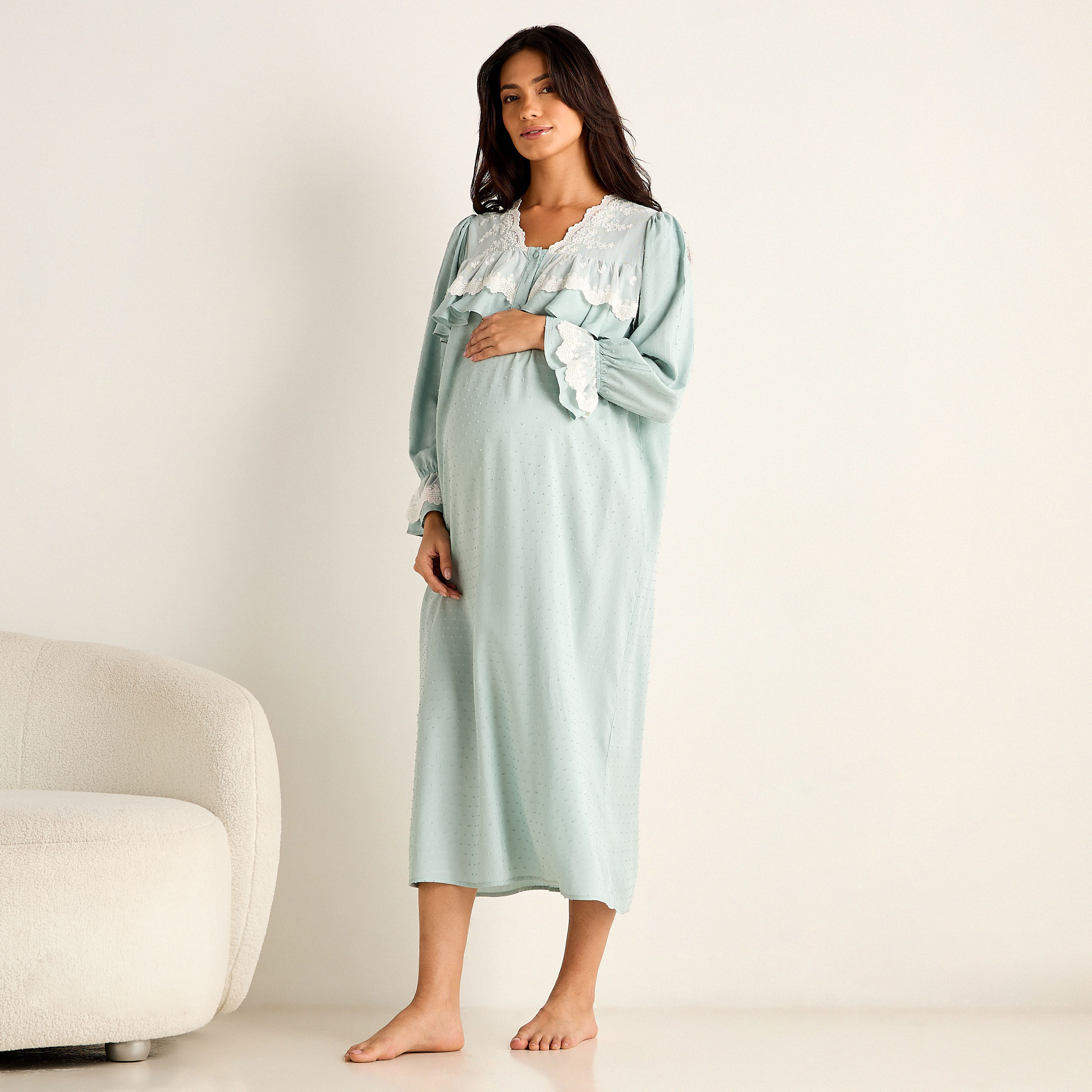 Lace Trim Maternity Night Dress-women-clothing-maternity-nightwear-image-1